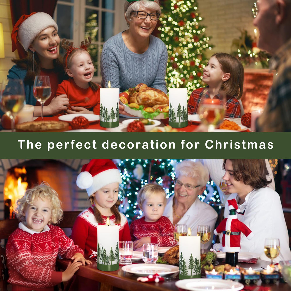Silverstro Holiday Flameless Candles Green Hand Drawn Christmas Tree Design with Remote Control, Flickering Real Wax Christmas LED Candles - Home Party Bathroom Room Xmas Decorations - Set of 2