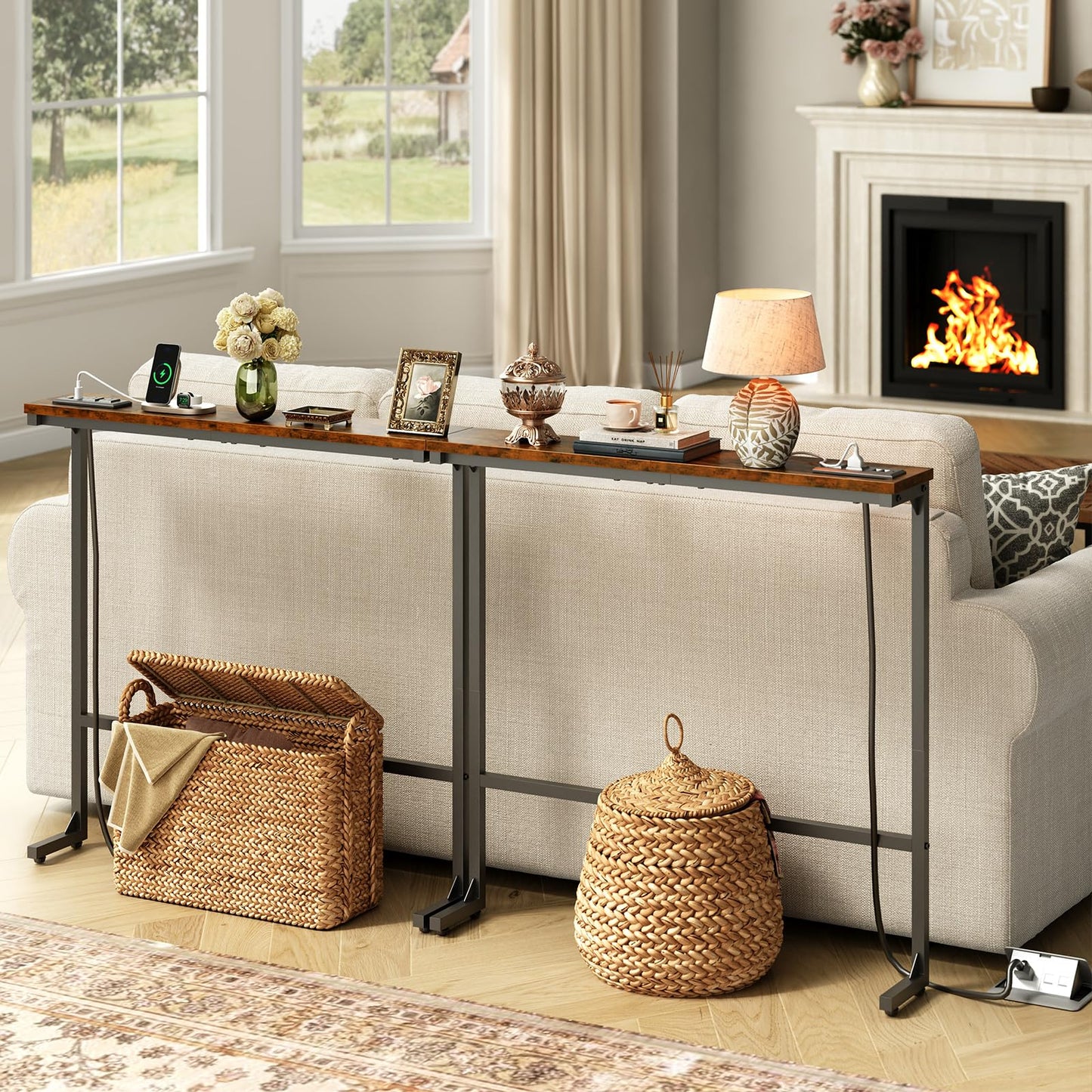 HavenlyYouth 63 Inch Narrow Console Table with 2 Power Outlets, Behind Couch Table with Charging Station, Small Space Sofa Behind Table for Living Room, Entryway, Hallway, Rustic Brown