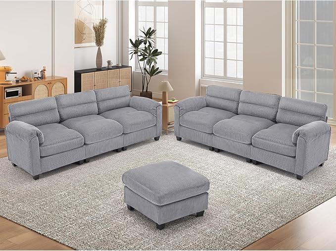 HAOMARKETS Corduroy Sofa Set, Upholstered Ottoman and 3-Seater Couch Set of 2