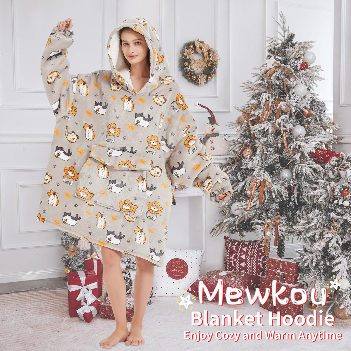 Mewkou Wearable Blanket Hoodie for Adult,Oversized Sherpa Fleece Blanket Hoodie for Women Men,Cat