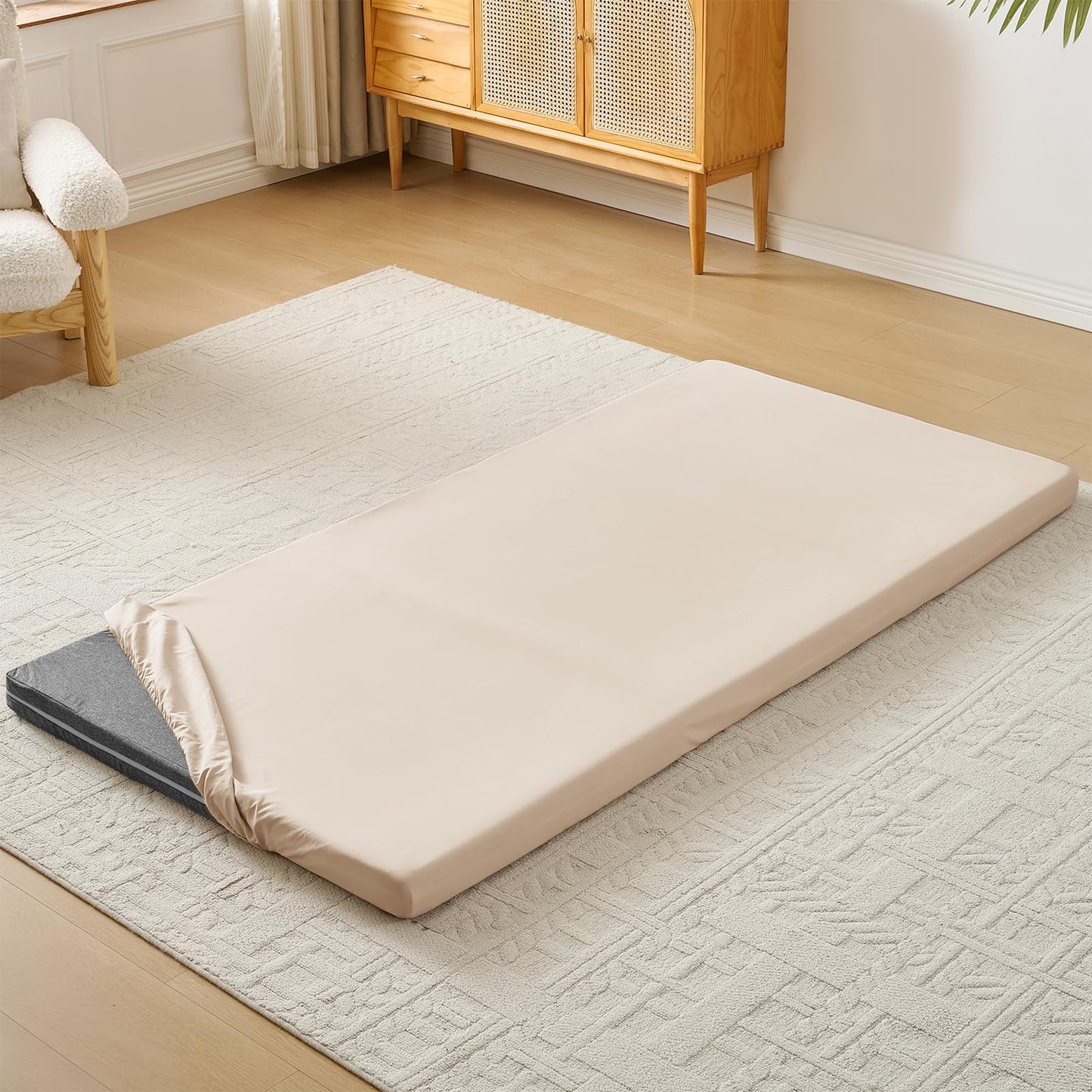 NSGZ Twin Fitted Sheet Only Compatible with Trifold Mattress, Microfiber Fitted Bedsheet Fit for 4 Inch Low Profile Mattress with Full Elastic Edge for RV Bunk, Trundle Bed, Daybed, Camping (Beige)