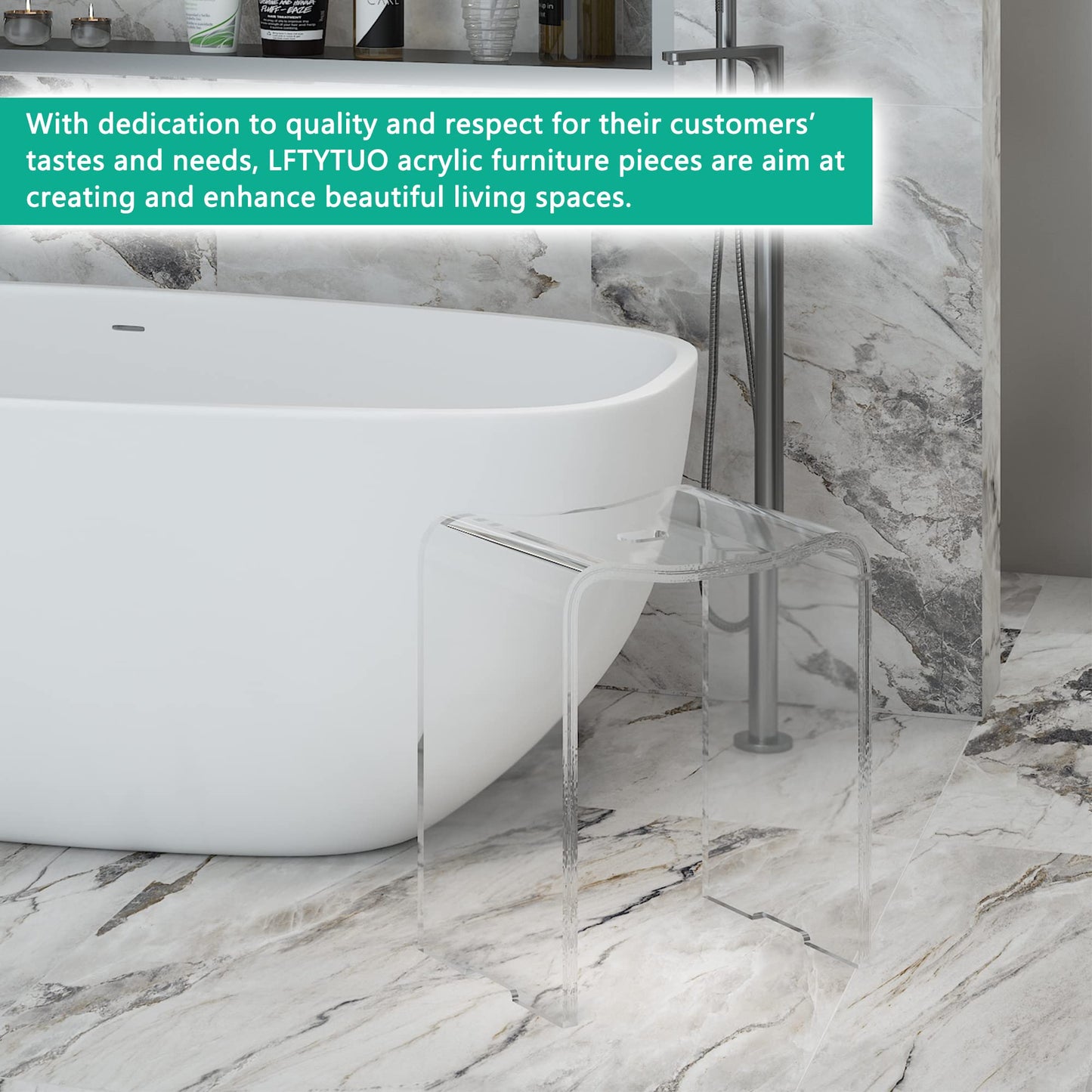 LFTYTUO Acrylic Anti-Skip Shower Bench, Clear Shower Stool for Inside Shower, Modern Shower Chair with Curved Seat & Water Leaking Hole 300LBS Weight Capacity
