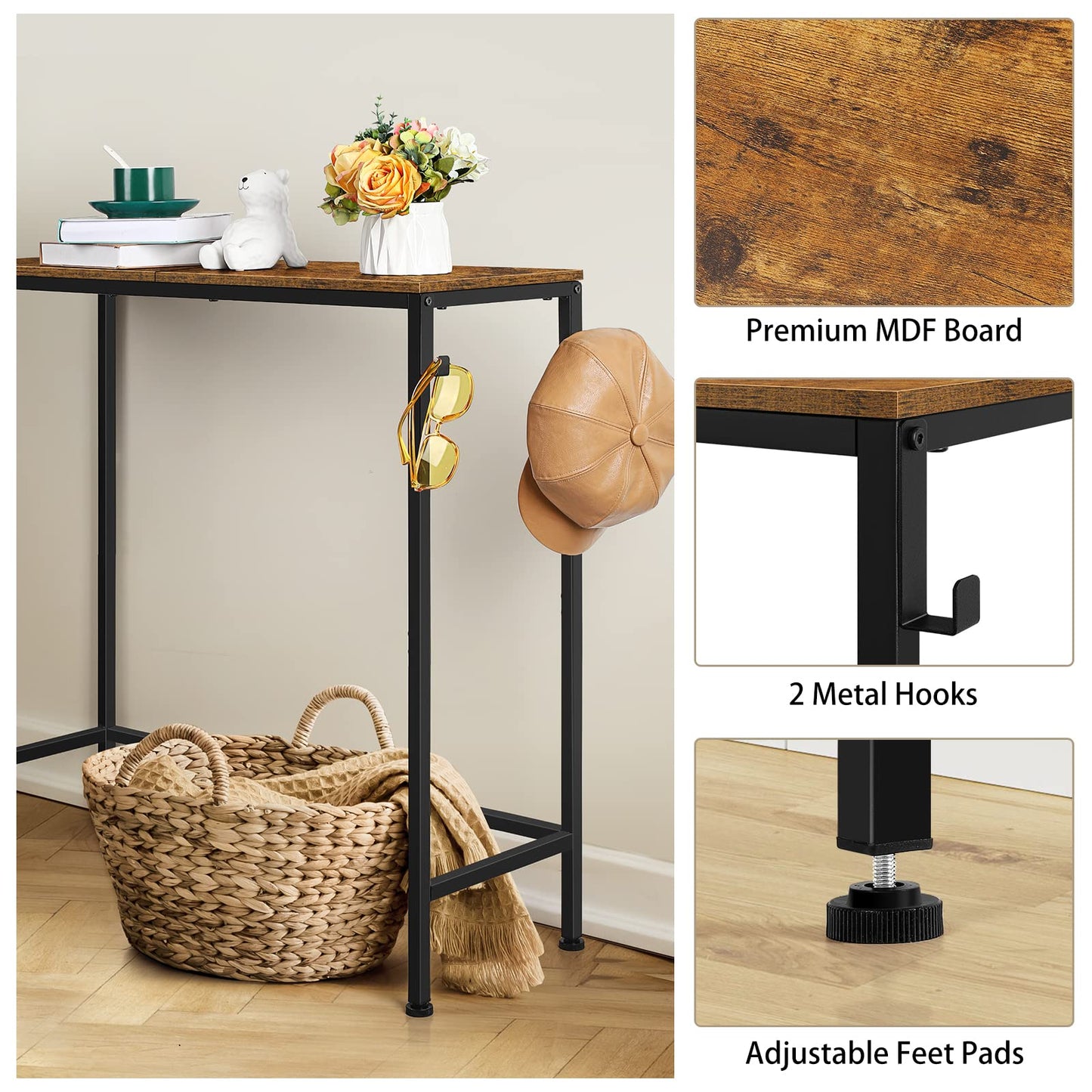 BTY Narrow Console Table Small Entryway Table Industrial Couch Table Behind Sofa Table Hallway Table with Hooks for Living Room Foyer Bedroom Corridor Office Rustic Brown