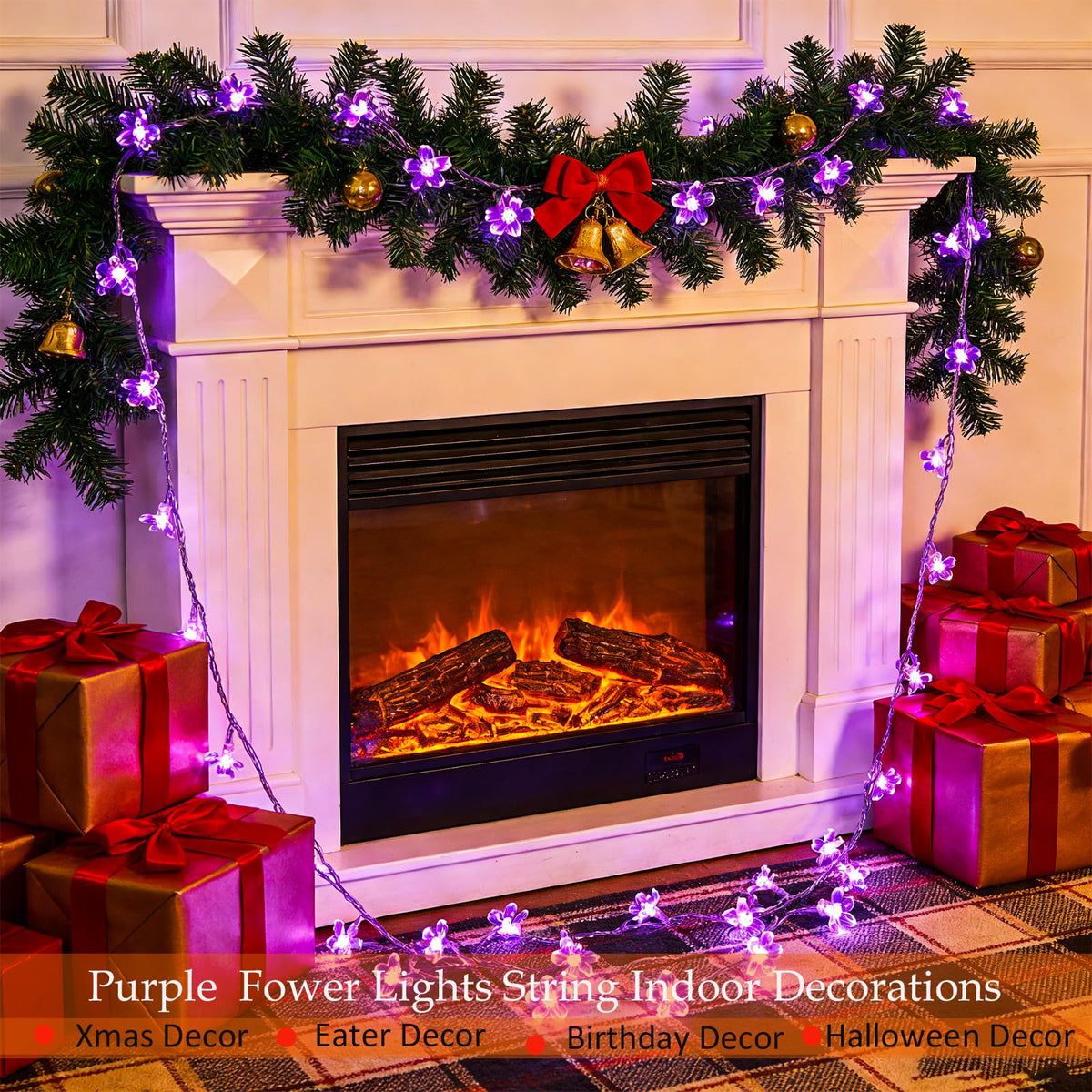 Decorative Connectable 33ft Purple Flower String Lights with 100 LEDs, Memory Function & 8 Modes. Perfect for Bedroom, Christmas, Weddings, Valentine's & Garden Indoor Outdoor Hanging Decorations