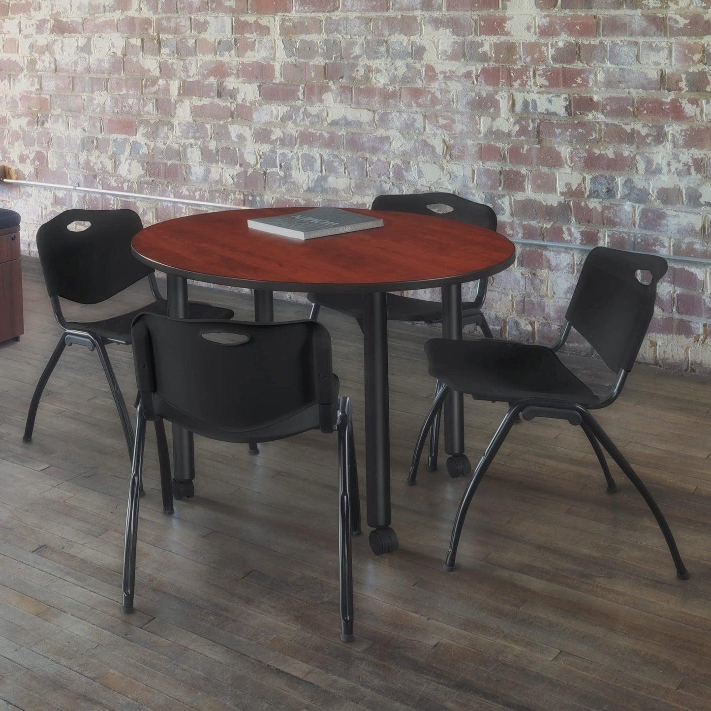 Romig Trek Small 30 in. Round Breakroom Table- Cherry Top, Black Mobile Legs