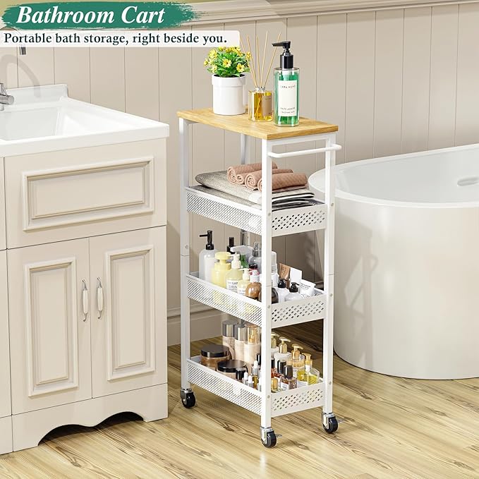 OKZEST Utility Slim Storage Cart, 4-Tier Narrow Bathroom Organizers and Storage