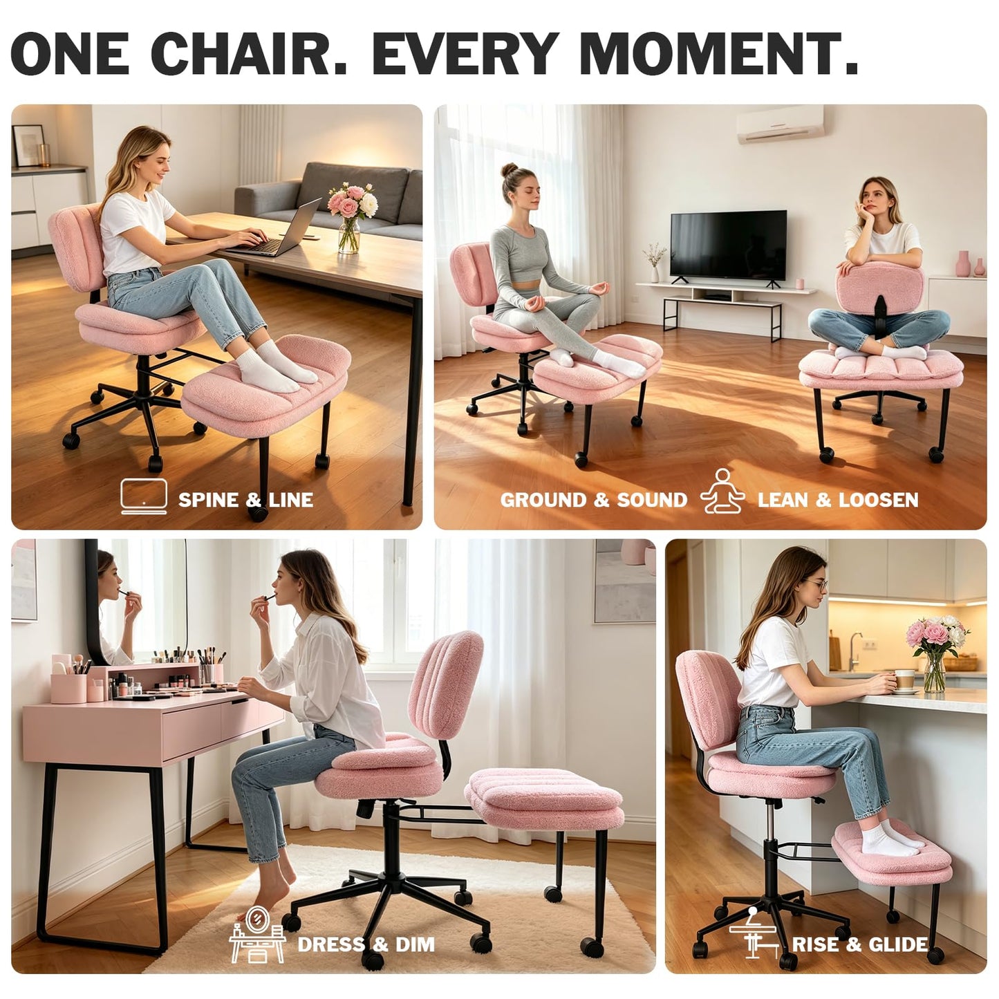 Ergonomic Cross Legged Office Chair with Footrest, 360° Swivel Height Adjustable Faux Shearling Criss Cross Chair, Wide Seat & Back Support for Home Office, ADHD, Pink