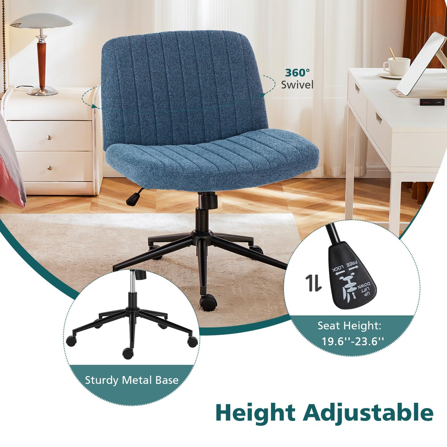 OLIXIS Criss Cross Chair with Wheels Wide Cross Legged Office Desk Vanity Chair Comfy Fabric Armless Height Adjustable Swivel for Home Computer Task Blue