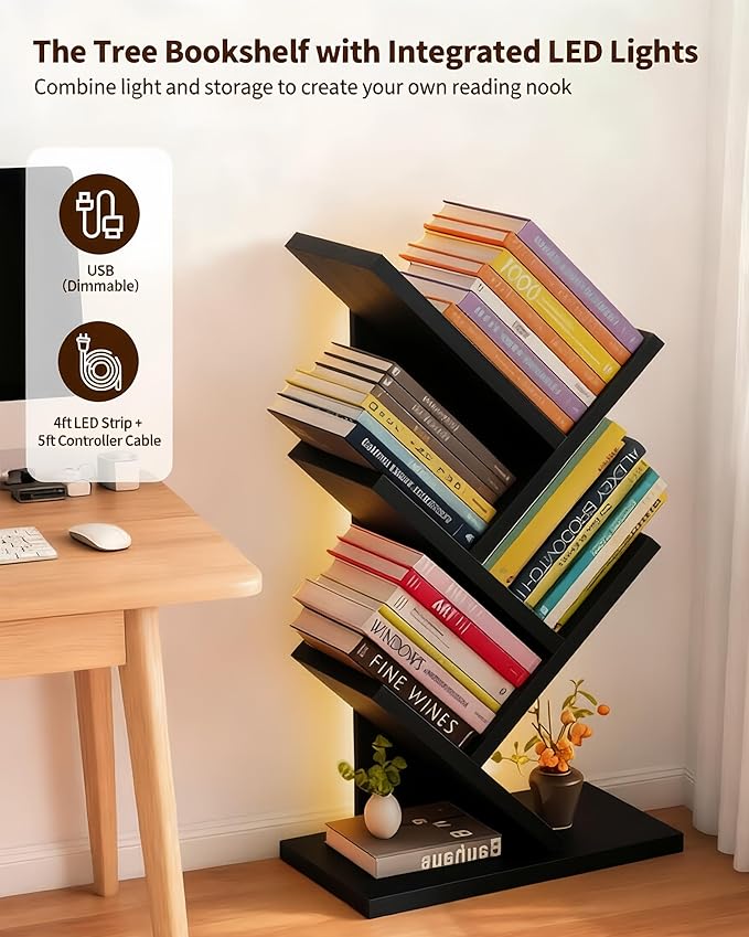Godferyxin Bookshelf with Liting, Small Bookshelf LED and Desktop Book Shelf