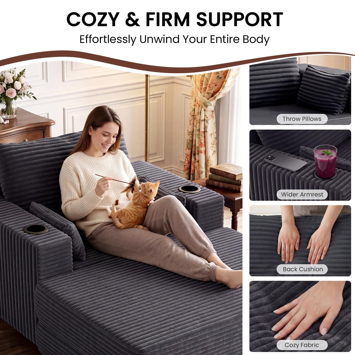 GRUSIGN 64" Chaise Lounge Chair Indoor, Oversized Sleeper Chair with Wood Frame, Corduroy Bedroom Couch, Reading Chair for Living Room, Deep Seat Sofa Bed with 2 Cup Holders