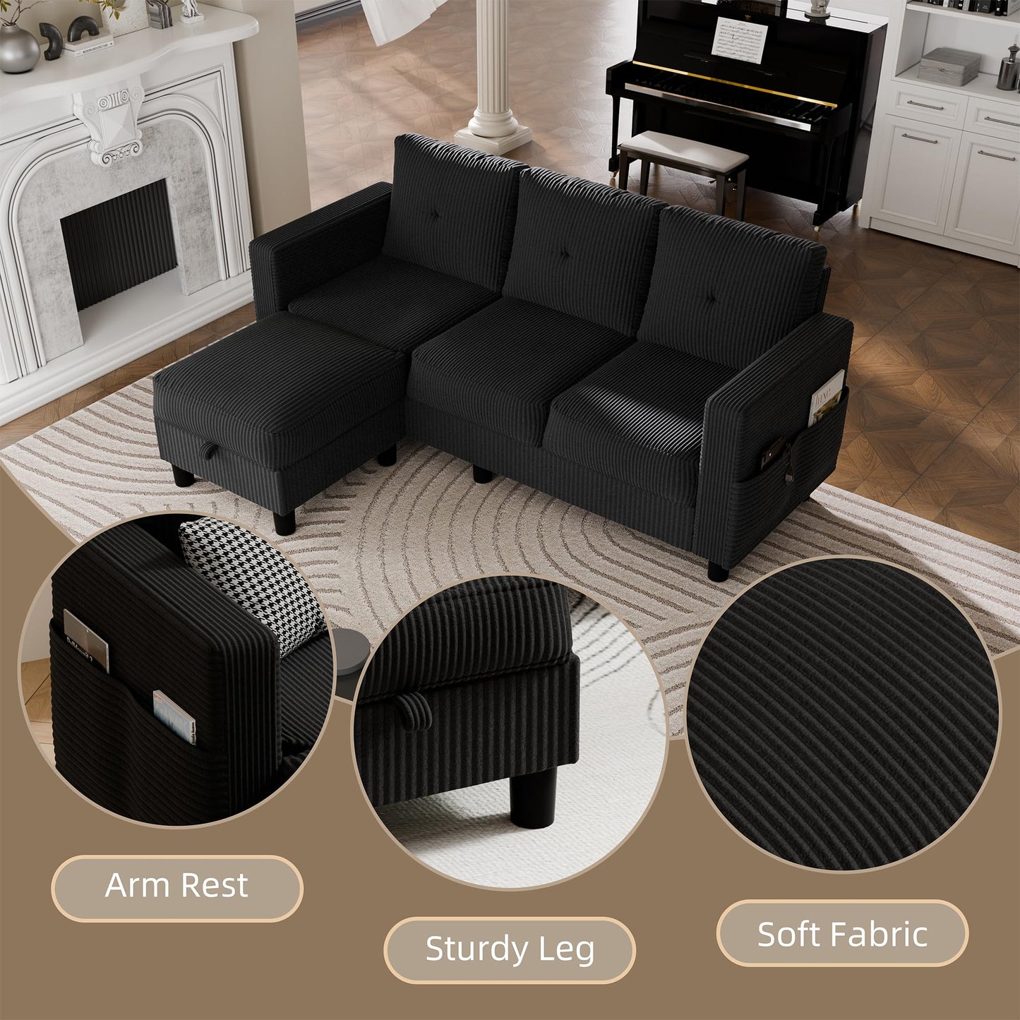 Convertible Sectional Sofa with Storage Ottoman, 77” L-Shaped 3-Seat Couch with Skin-Friendly Corduroy Fabric, Reversible Small Sectional for Small Space, Apartment, Living Room and Office(Black)