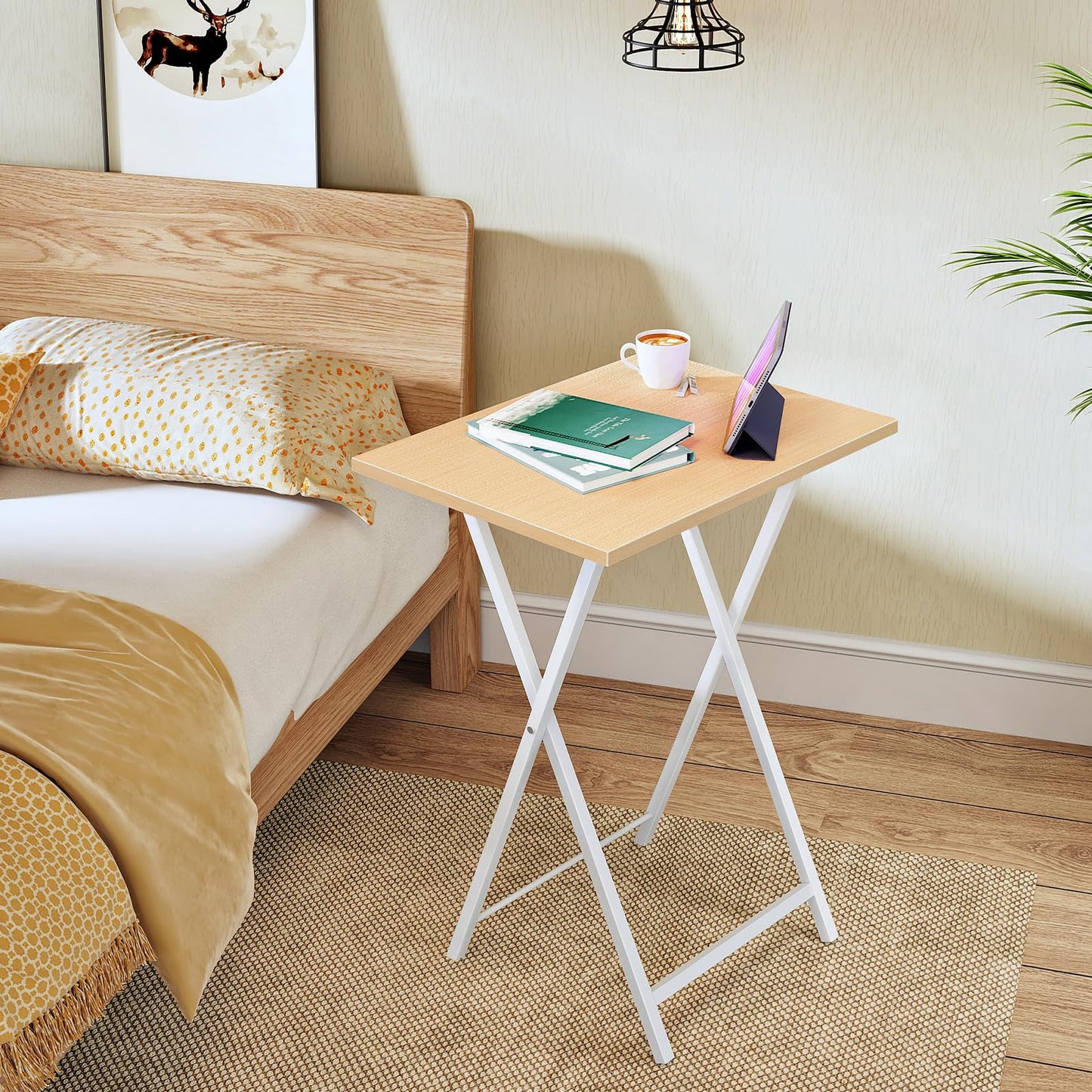 HOOBRO Folding TV Tray Tables, Set of 2 Side Table for Small Space, Industrial Snack Tables for Eating at Couch, Stable Metal Frame, Easy Assembly, Space Saving, Natural and White WN25BZ01