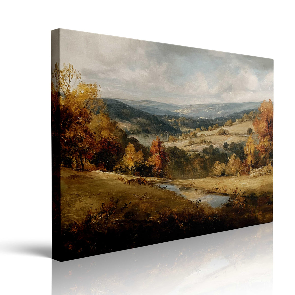 Autumn Mountain Landscape Canvas Wall Art Framed Oil Painting Moody Forest Stream Rolling Hills Calming Nature Scene Wall Decor Artwork Print Poster for Living Room Office 12x16 Inches