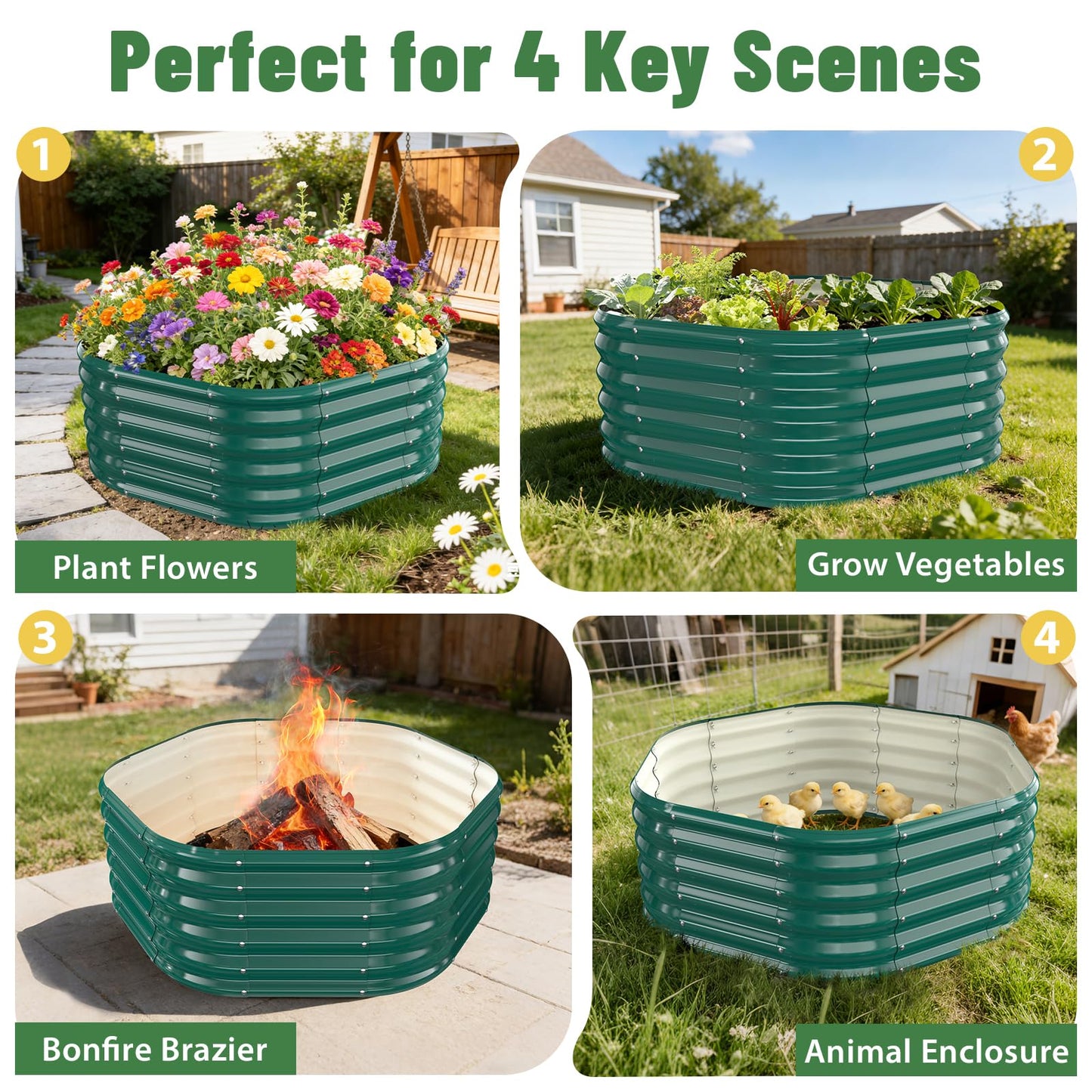 Hexagon Raised Garden Bed, 48 Inch Diagonal & 16.5 Inch Tall, Galvanized Steel Planter Box with Wave-Shaped Metal Panels for Outdoor Flower,Tree,Herb & Vegetable Garden (Dark green, 4FT X 1.5FT)