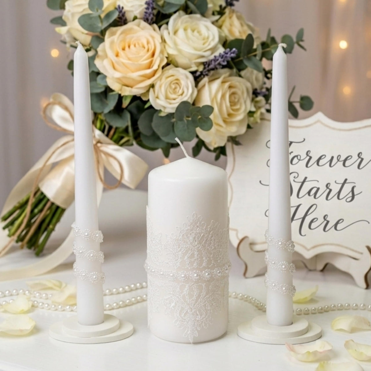 Magik Life Unity Candle Set - Wedding Ceremony & Reception – 6” Pillar & Two 10” Taper Candles – Long Burning Unity Candles for Marriage Ritual – Handmade in USA – White | Lace