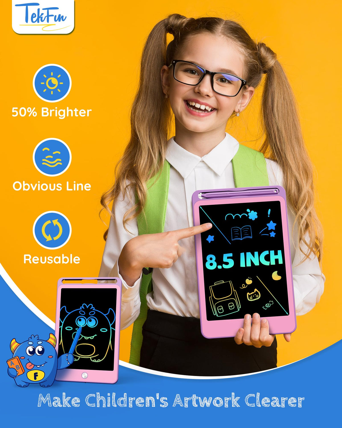TEKFUN 3 Pack LCD Writing Tablet for Kids, 8.5 Inch Blue+Pink+Purple Doodle Board Drawing Board Reusable Drawing Tablet with Lanyard, Educational Kids