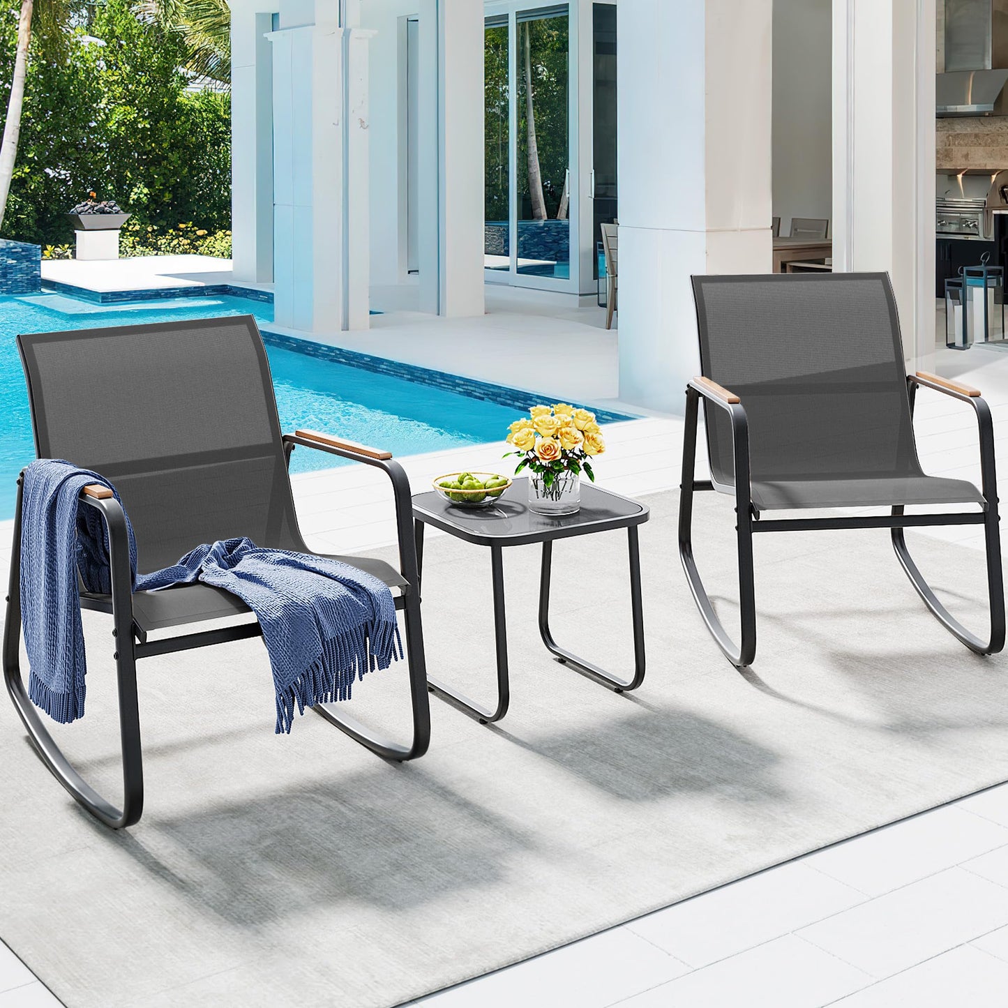 YITAHOME Rocking Patio Furniture Set 3 Piece, Durable Textilene Patio Set w/Wooden Armrest Rocking Chairs & Tempered Glass Table, All Weather for Indoor Outdoor Patio Lawn Garden Poolside, Dark Gray