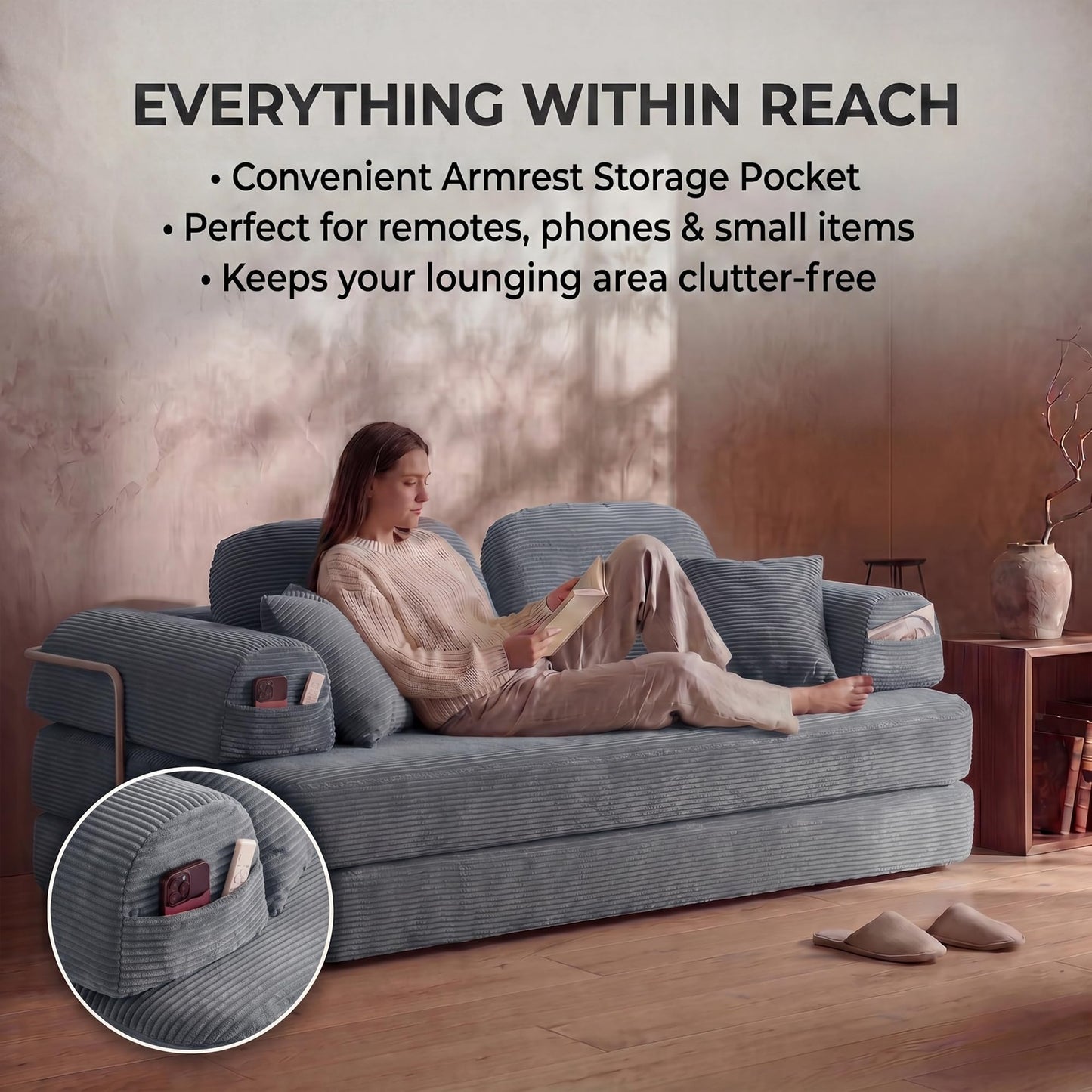 YasuSoofa Boneless Floor Sofa, 3-in-1 Convertible Loveseat Sleeper Futon, Modular Small Space Sofa Bed with High Headrests & Side Storage Pockets for Living Room, No Assembly, Bedroom, Apartment