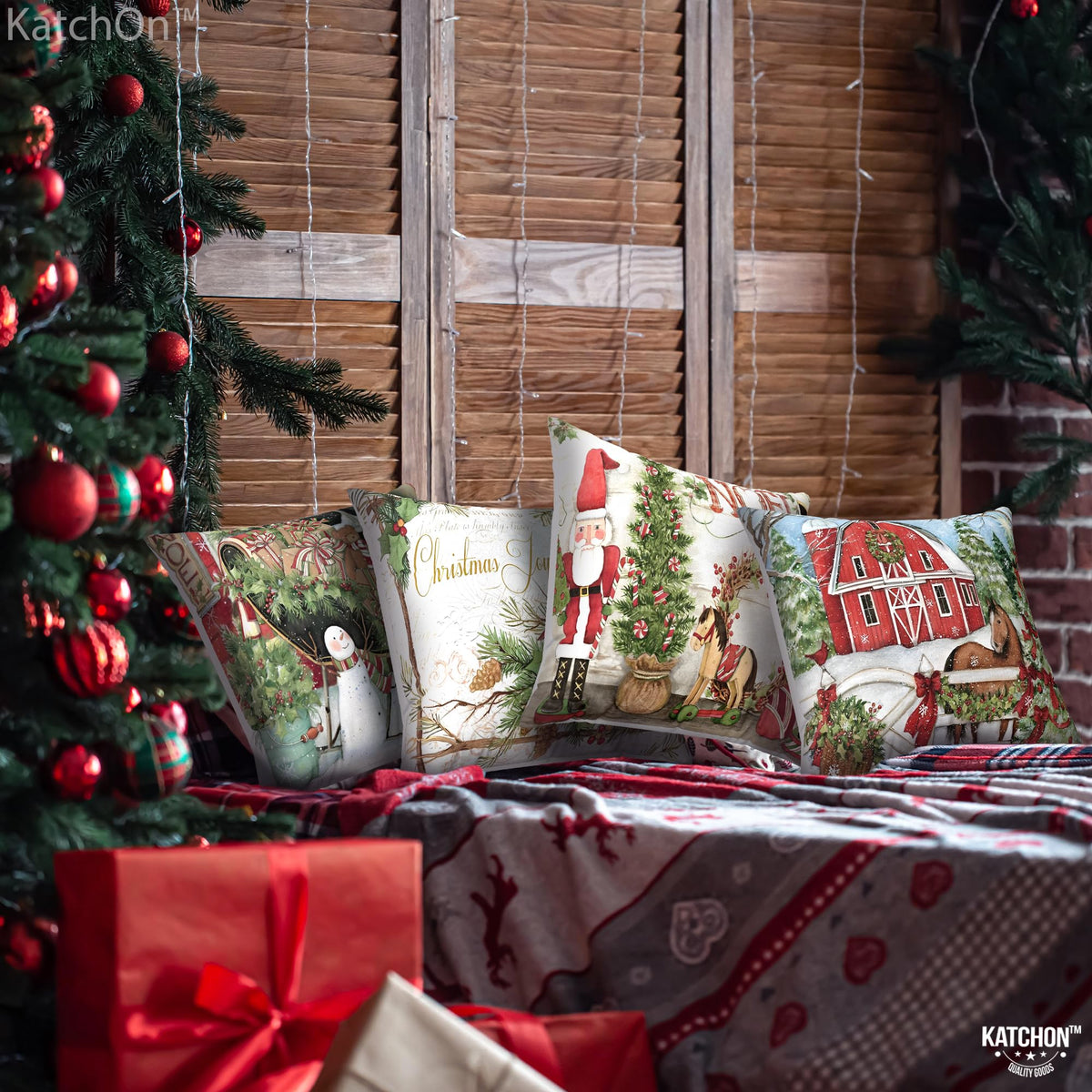 KatchOn, Farmhouse Christmas Pillow Covers 18x18 - Pack of 4 | Farmhouse Pillow Covers, Holiday Pillow Covers | Christmas Throw Pillow Covers for Christmas Decorations | Snowman Pillow Covers 18x18