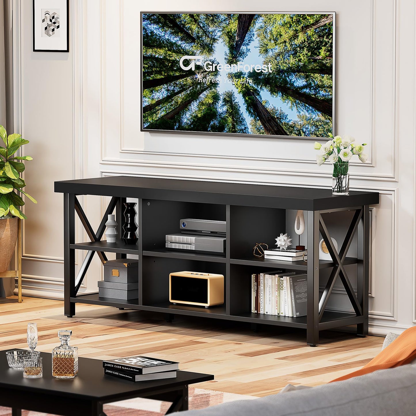 GreenForest TV Stand for TV up to 65 inches, Entertainment Center with 6 Storage Cabinet for Living Room, 55 inch Farmhouse Television Stands Console Table, Industrial TV stands for Living Room, Black