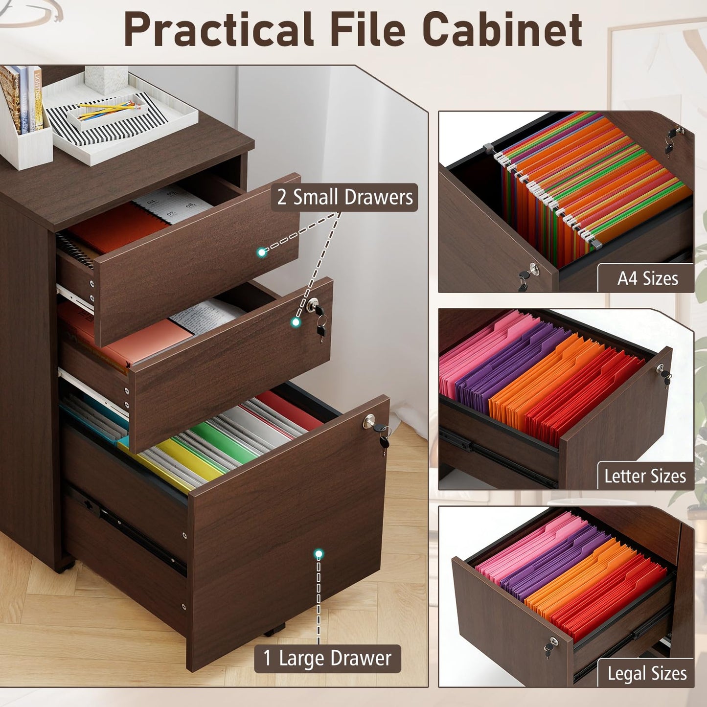 Giantex 3-Drawer File Cabinet with Lock, 27-Inches Storage Cabinet with 2 Side Hooks, Mobile Printer Stand, Wheels, 4 Keys, Vertical Filing Organizer fits Letter/A4 Size for Home Office (Brown)