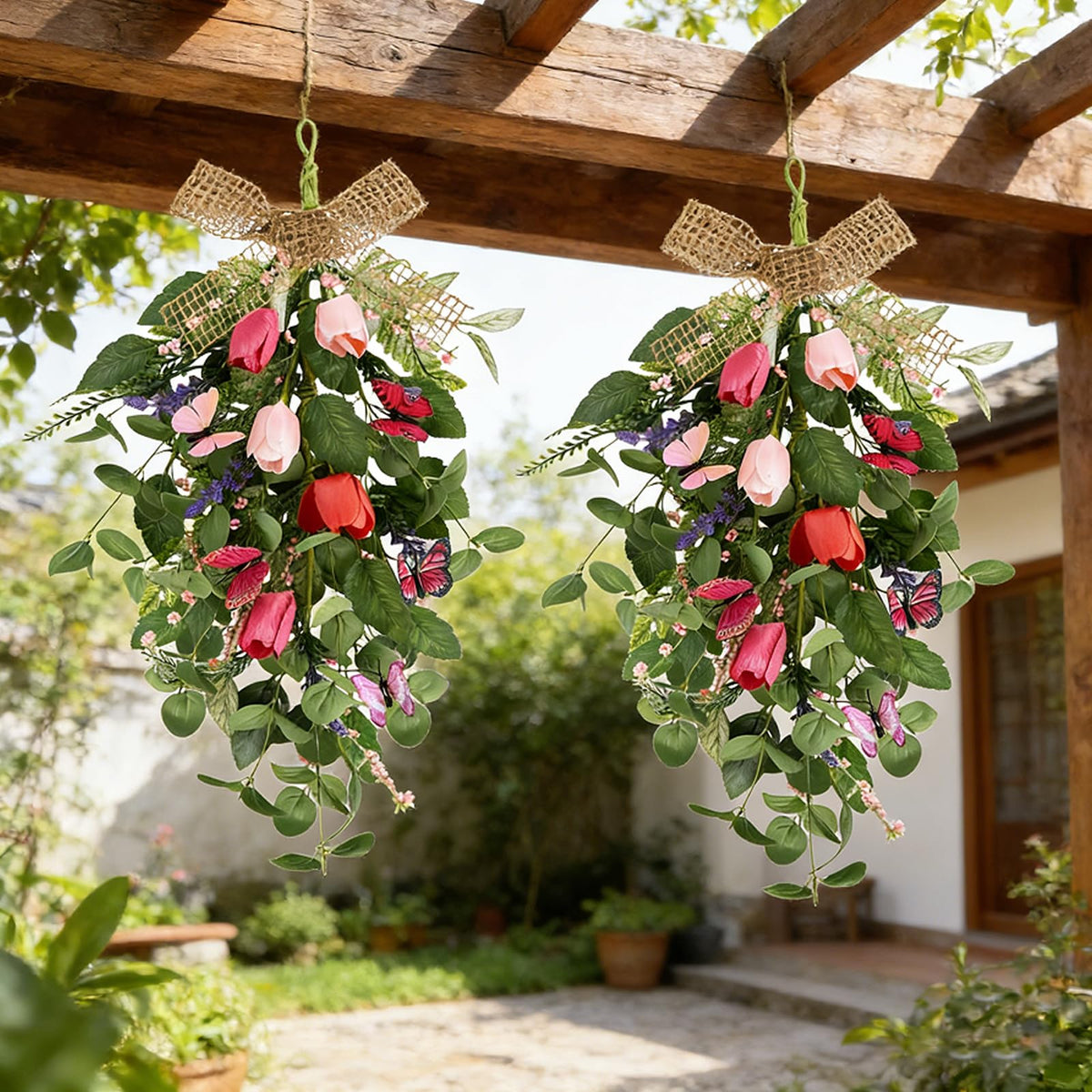 4 PCS Tulip Teardrop Swag 22" Spring Wreaths for Front Door with Purple Tassels Eucalyptus Leaves Ferns Butterflies for Indoor Outdoor Wall Festival Home Farmhouse Wedding Decor