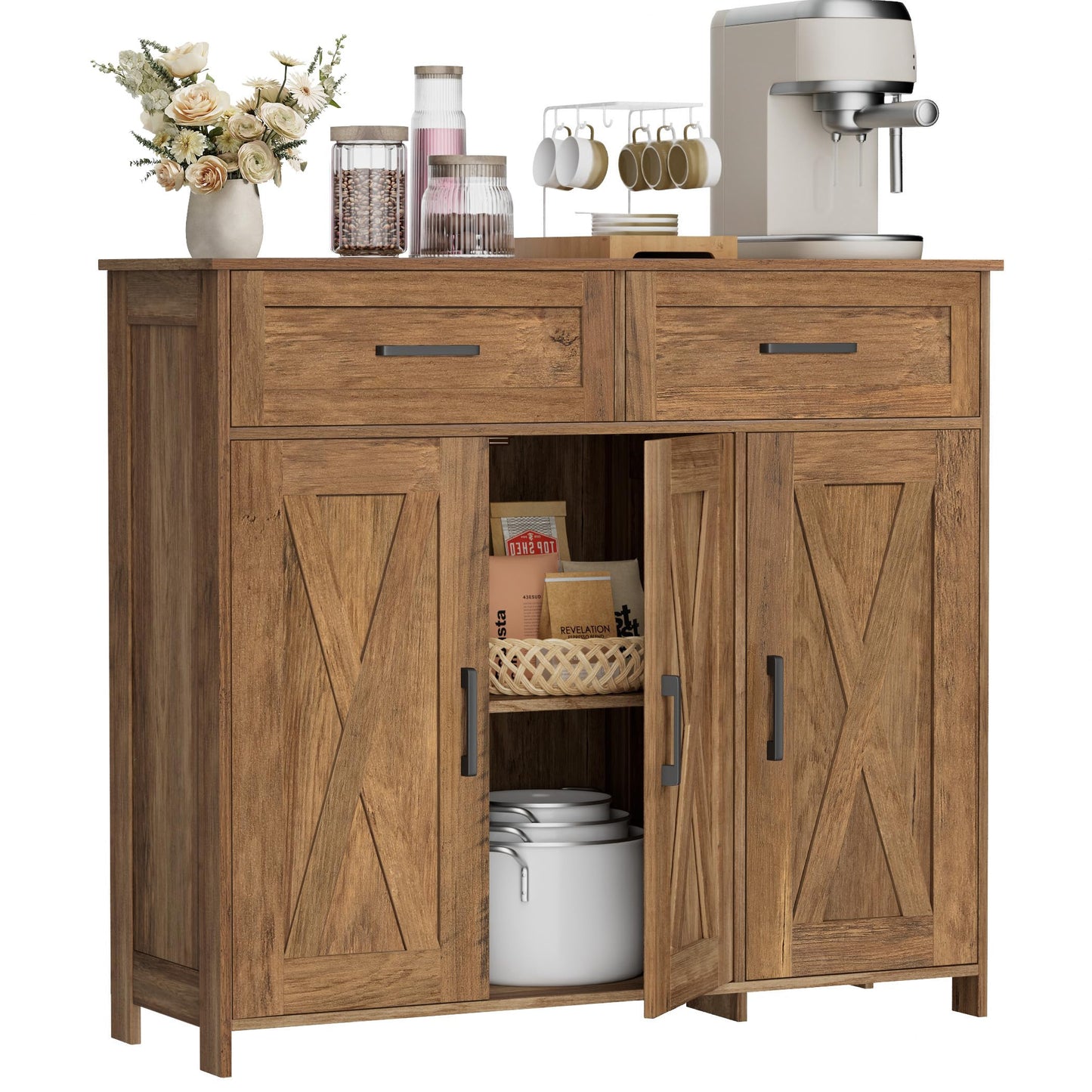 Homhedy Sideboard Buffet Cabinet, Coffee Bar Storage Cabinet with Drawers and Doors, Farmhouse Kitchen Cabinet with Adjustable Shelves, for Kitchen, Dining Room, Living Room, Rustic Walnut