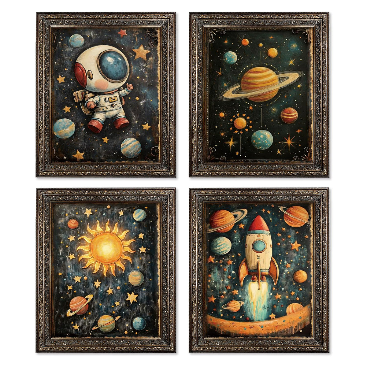 Locomiss Space Nursery Wall Art Decor, Space Solar System Planets Rocket Astronaut Galaxy Prints Posters for Kids Boy Nursery Room Bedroom Playroom Wall Decor, Set of 4, 8x10 Unframed