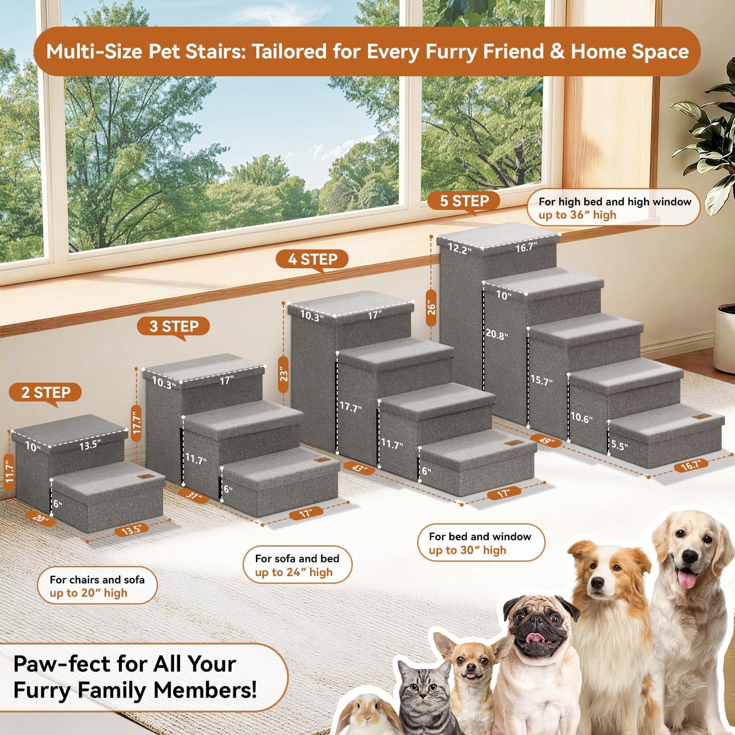 Zerbuger Wider Dog Ramp for High Bed with Storage 18" H, Foldable Dog Stairs for Small Medium Large Older Senior Animal, Sturdy Dog Step for Climbing Bed or Couch, Arthritis-Friendly (Gray, No Condo)