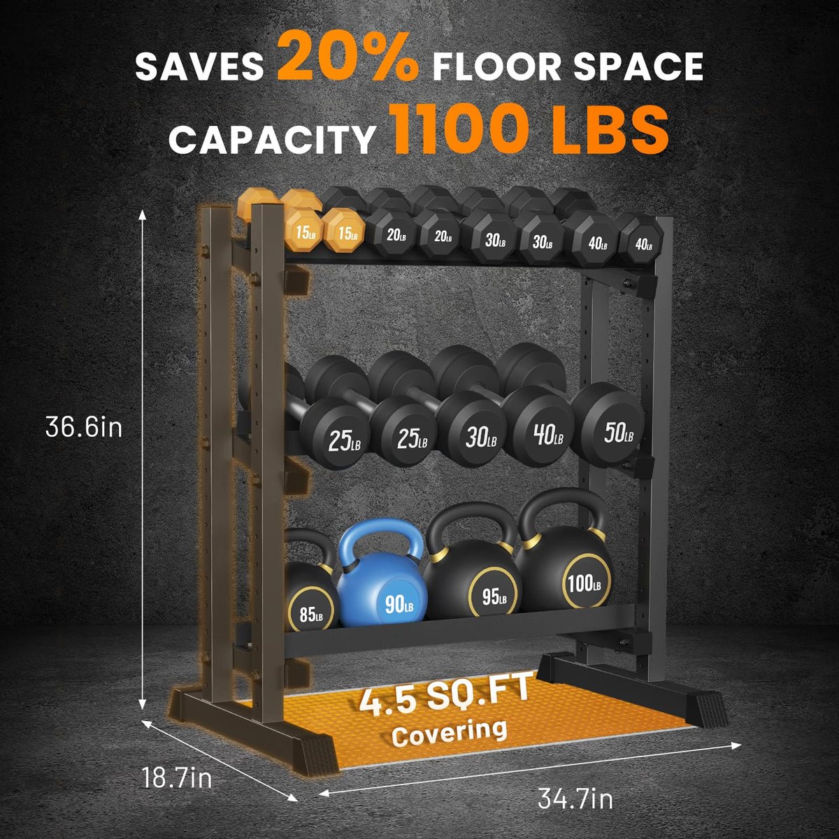 TOPIRON 3-Tier Dumbbell Rack, 1100LBS Capacity Adjustable Weight Rack, Heavy-Duty Weight Stand for Dumbells & Kettlebells, Compact Weight Storage Organizer for Home Gym (Rack Only)