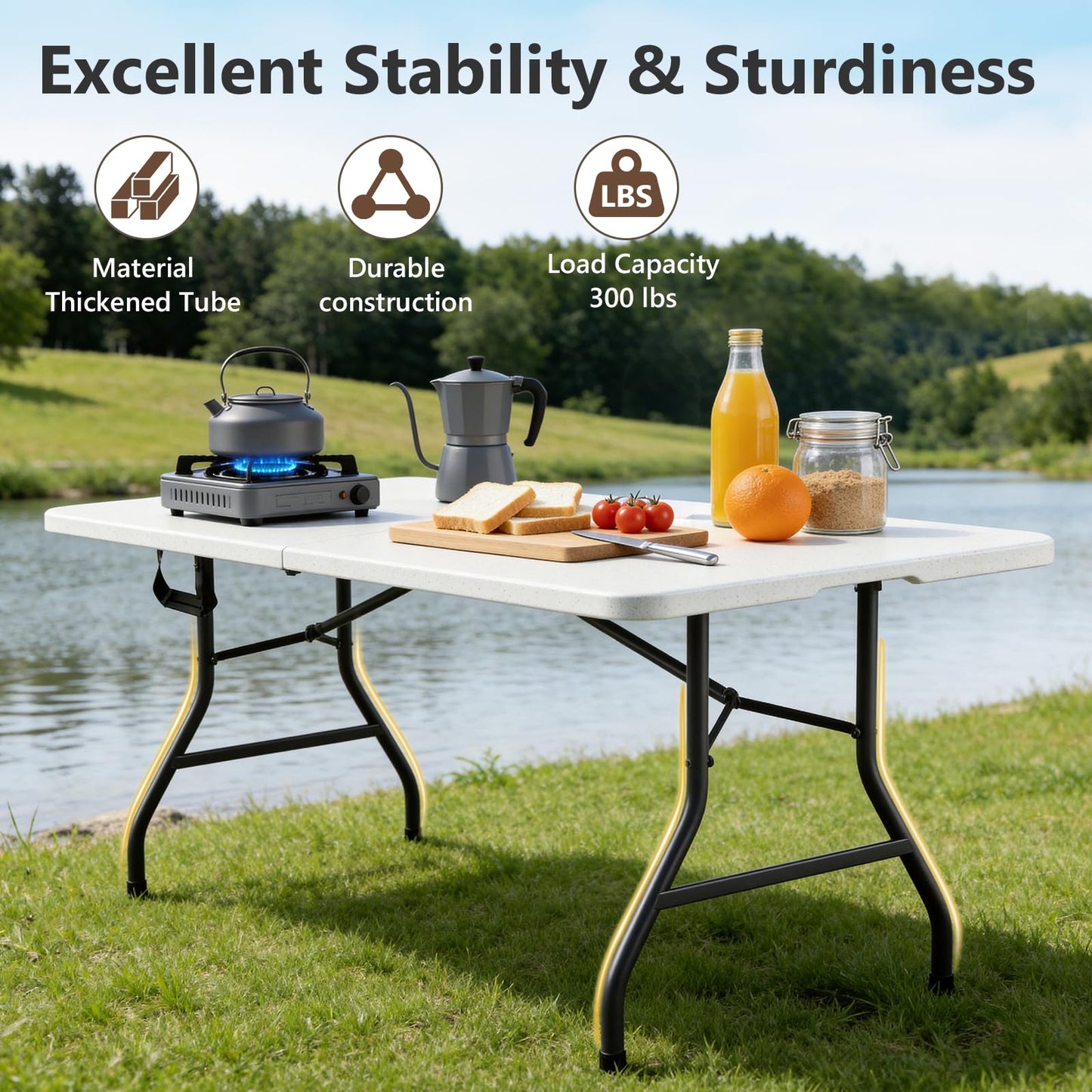 Folding Dining Table Set for 4, 5FT Foldable Plastic Table with Carrying Handle & 4 PU Leather Padded Folding Chairs, Portable Table and Chairs Set for Indoor Outdoor, Party, Wedding, Picnic, Camping