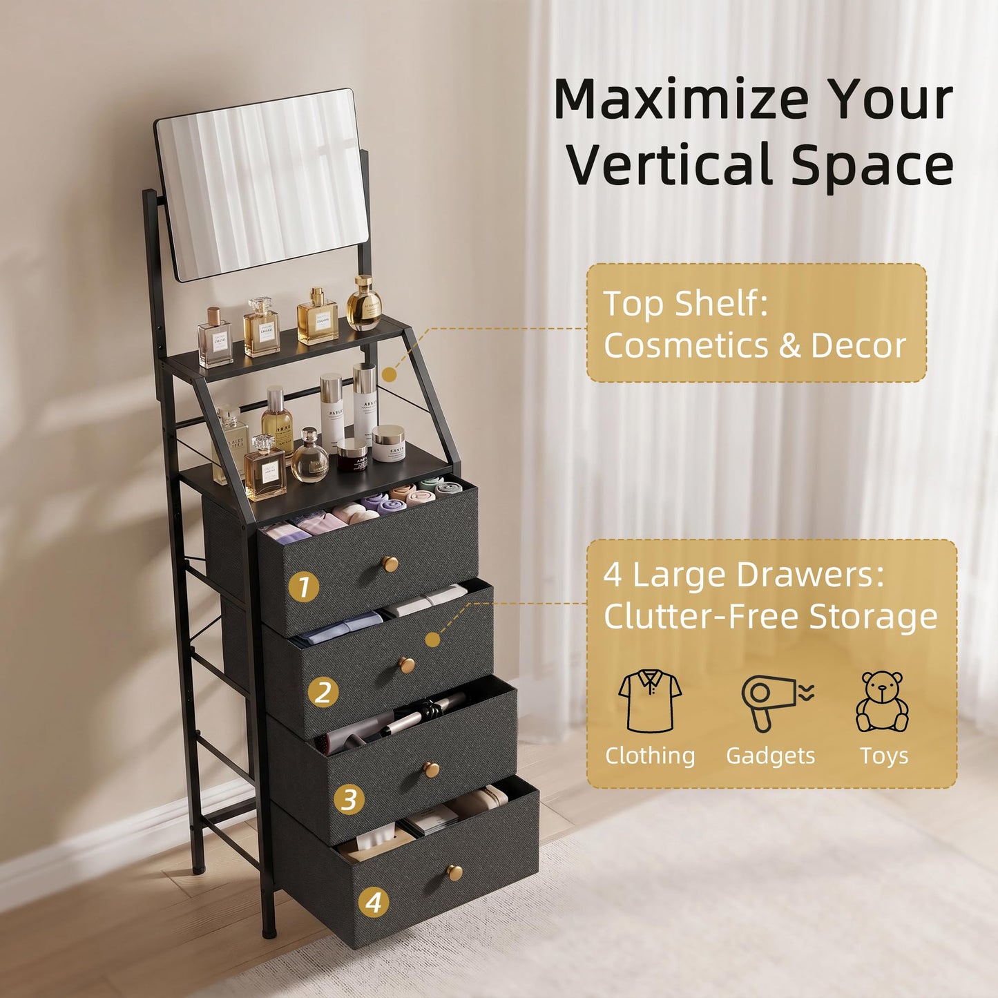 HIGDBFE 4-Drawer Dresser with Mirror, Vanity with 2-Tier Shelves, Fabric Chest of Drawers for Small Space, Vertical Storage Cabinet for Bedroom, Nightstand Bedside Table Furniture, Black, 15.3" W