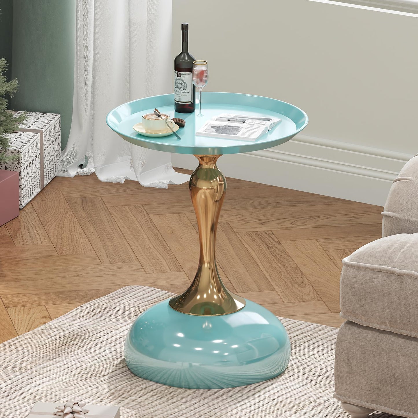 wangbochuan 1-Pack Light Green Sleek Hourglass Side Table - Glossy Finish & Metallic Base | Contemporary Accent End Table for Living Room, Cafe & Home Decor Spaces