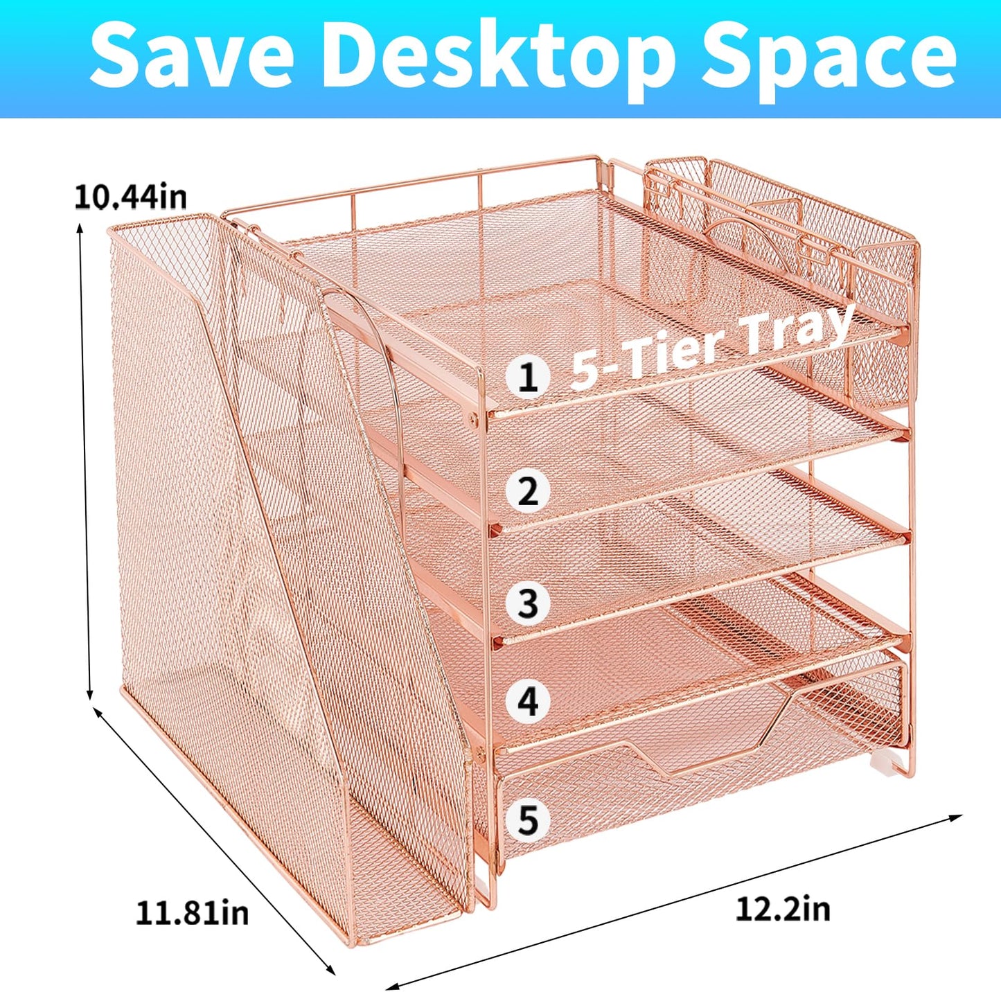 Gugsey Desk Organizers and Accessories, 5-Tier Paper Letter Tray Organizer with File Holder, Drawer & Pen Holder, Office Desk Accessories, Desktop Organizer for Classroom Office Supplies, Rose Gold