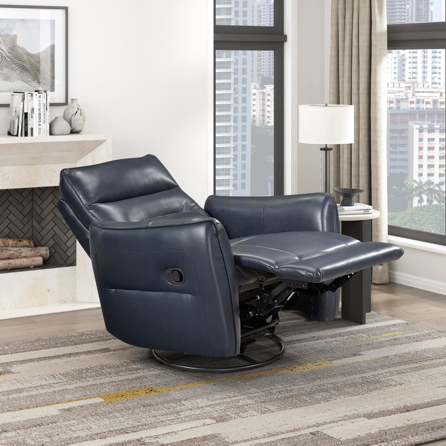 Lexicon Swivel Glider Reclining Chair, Top Grain Leather Match Manual Recliner, Comfy Nursery Glider Recliner, Swivel Reclining Chair for Living Room/Office/Bedroom/Apartment, Dark Blue