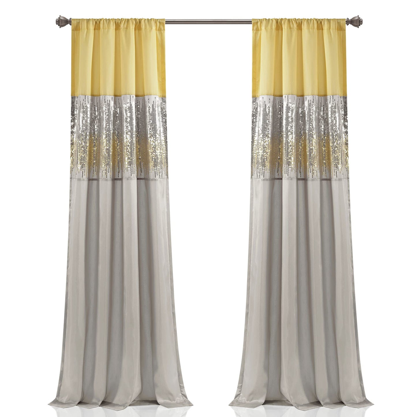 Lush Decor Night Sky Window Curtain Panel, Single 42"W x 84"L Yellow & Gray - Sequin Backdrop Curtain - Room Darkening Curtains For Bedroom - Glam Decor