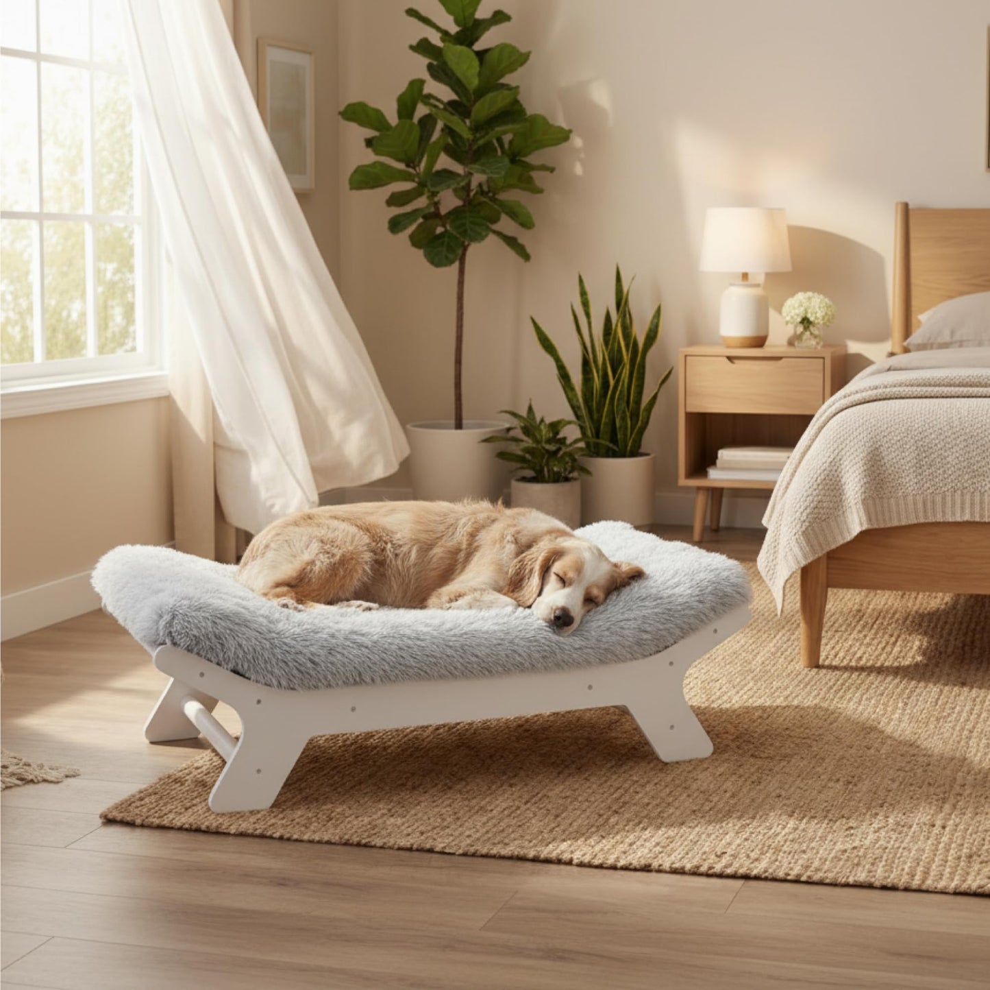 Muihood Wood Elevated Dog Bed Frame and Egg Crate Foam Mattress, Luxurious Suitable for Pets Up to 80 lbs, White, L