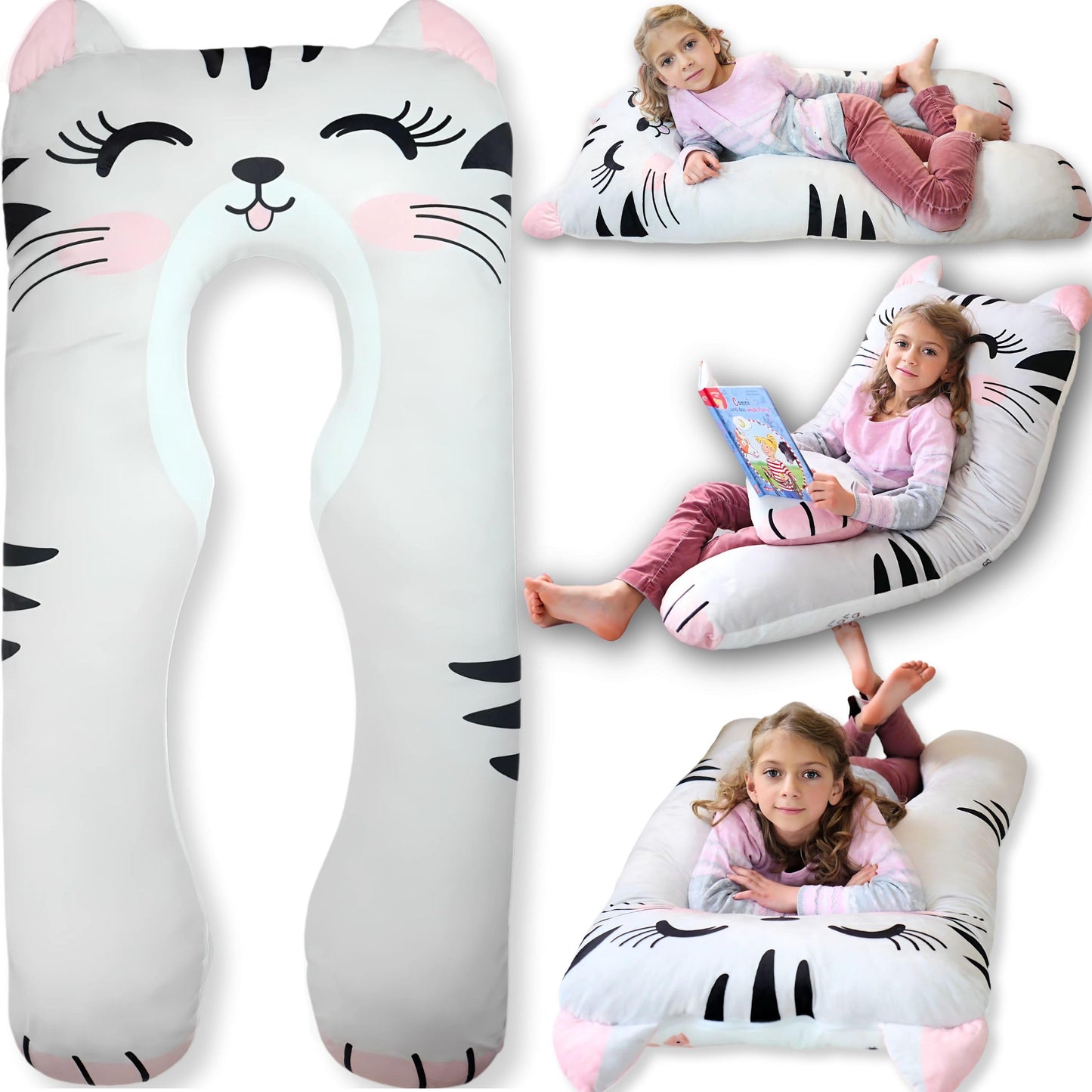 LUNAMIRA Cat Kids Body Pillow - 47" U-Shape Long Plush Soft Animal Pillow for Kids, Sleeping, Reading, ADHD & Special Needs Comfort, Anxiety, Washable Cover, Snuggle Fun Cuddle Gift for Boys & Girls