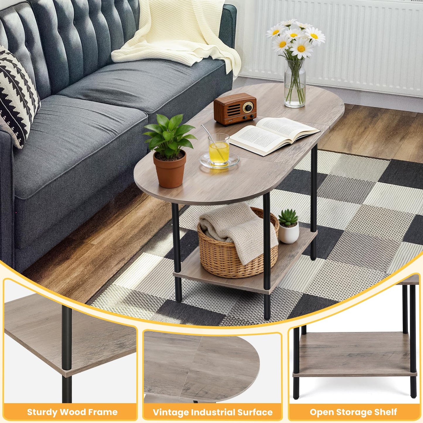 Small Coffee Table,35.4'' Oval Coffee Table with Storage Shelf & Metal Frame,Low Cocktail Tea Accent Table for Apartment,Modern Mid Century Small Living Room Table,Rustic Grey