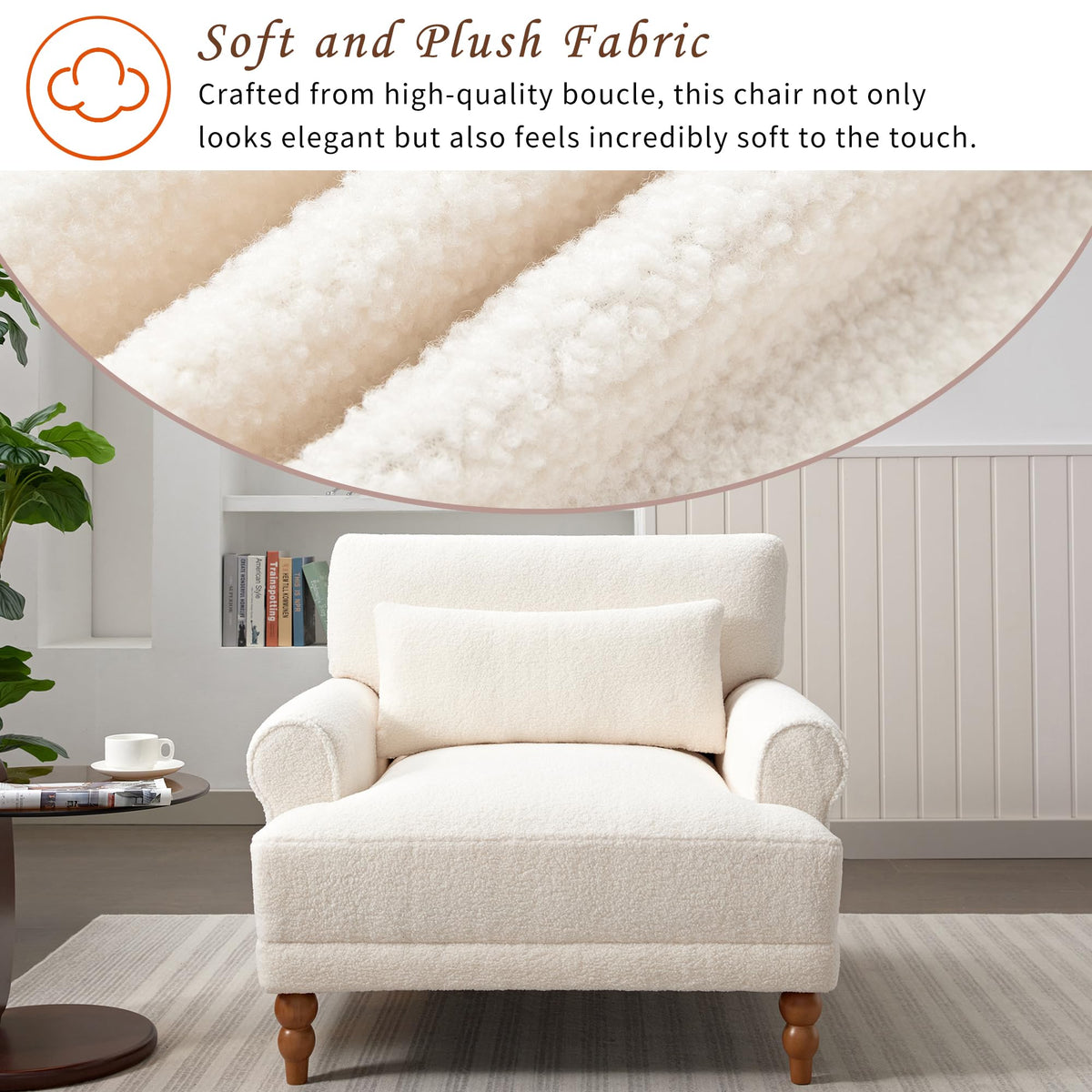 Merax Accent Chair with Circular Armrests, Upholstered Armchair Single Sofa with Vintage Roman Column Legs for Living Room, Bedroom, Study, Ergonomic Lumbar, Boucle, Beige