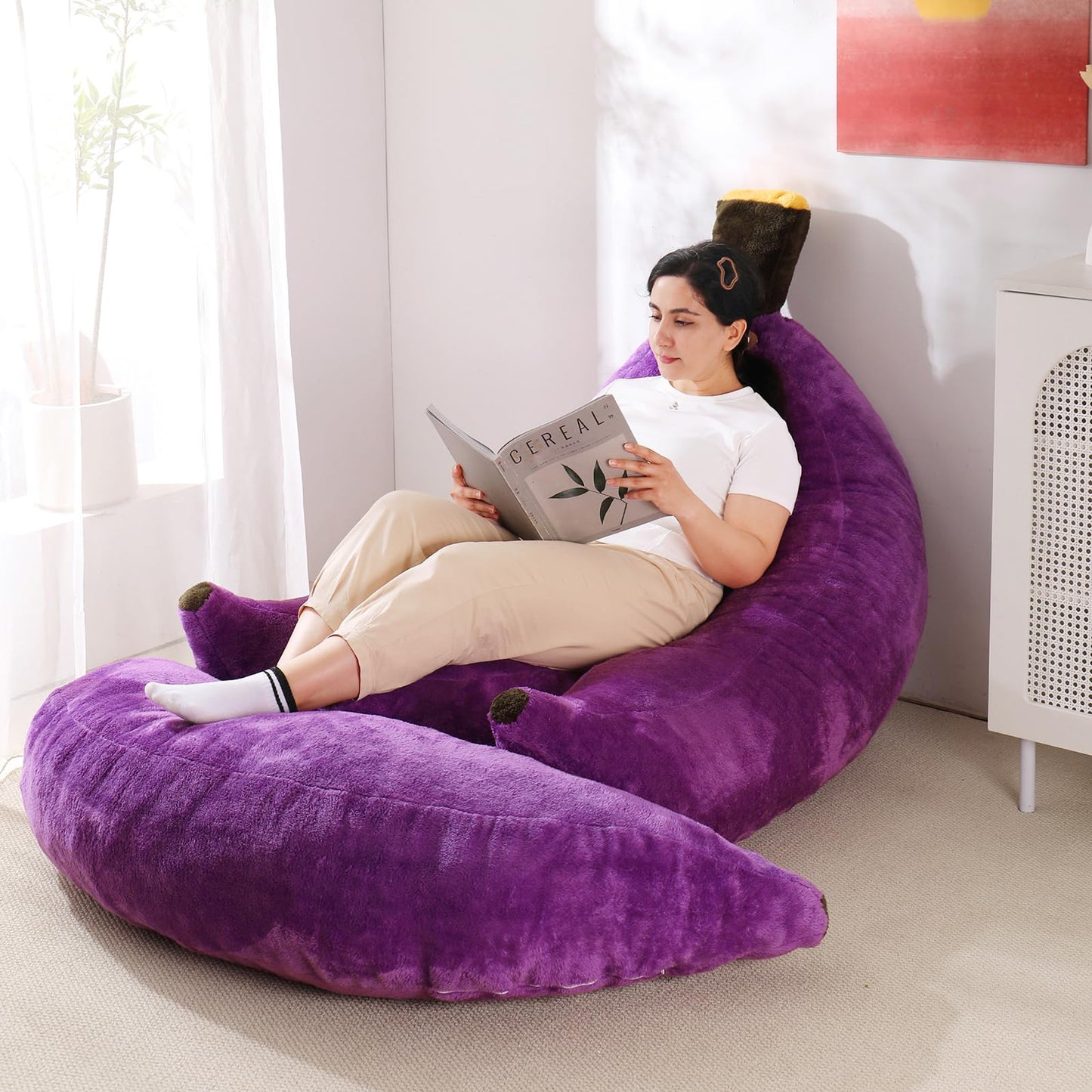 IEVENW Banana Bean Bag Chair with Ottoman, Floor Sofa Bed with Footrest, Comfy Convertible Lounger for Adults, Plush Couch for Bedroom, Living Room or Dorm, L-Violet