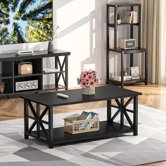 GreenForest Coffee Table with Round Corner, Farmhouse Center Table with 2-Tier