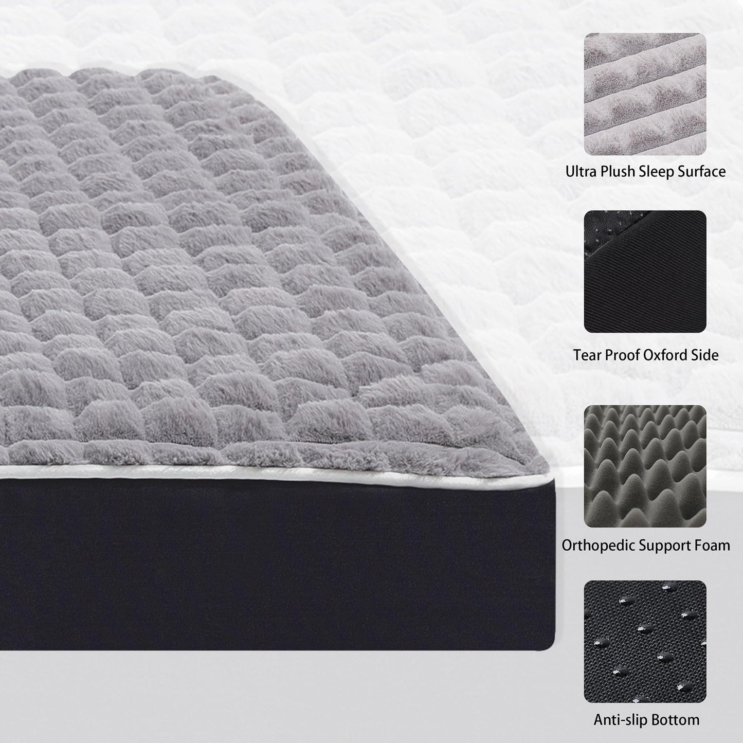 YIZHUOPET Orthopedic Rabbit Plush Cover Dog Bed,Small M Sized Dog 30''X20''x3'' Soft Waterproof Egg Foam Pet Crate Beds Mat or Kennel Pads with Removable Washable Cover,Non-Slip Bottom,Grey