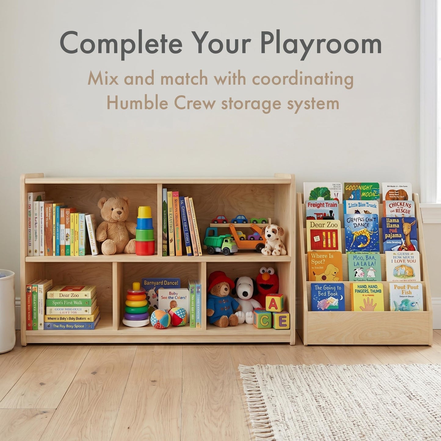 Humble Crew Kids Bookshelf, 5-Tier Front Facing Bookcase, Solid Wood Montessori Toddler Bookcase for Playroom, Bedroom & Reading Corner, 44” Wide