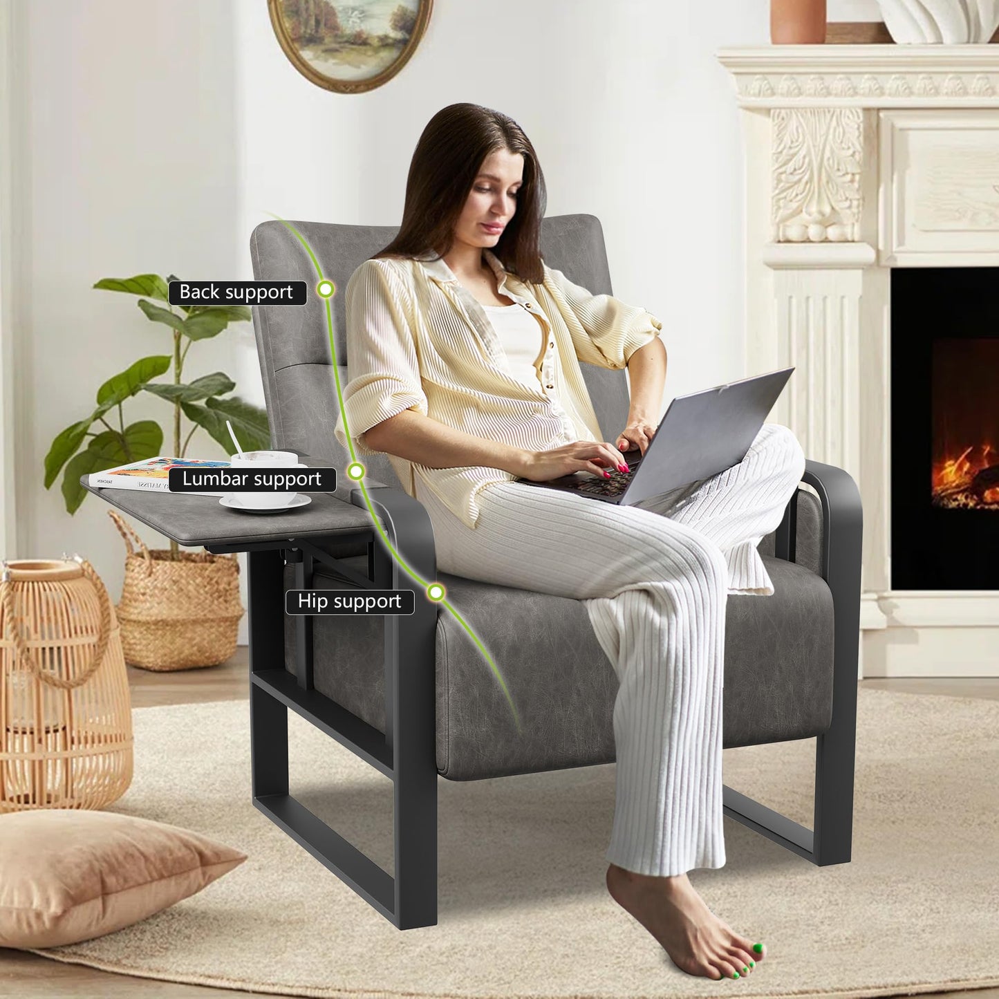 Alunaune Upholstered Living Room Chair Armchair, Mid Century Faux Leather Metal Accent Chair, Reception Couch Office Guest Chair Slipper Club Lounge Single Sofa with Sidetable for Bedroom-Grey
