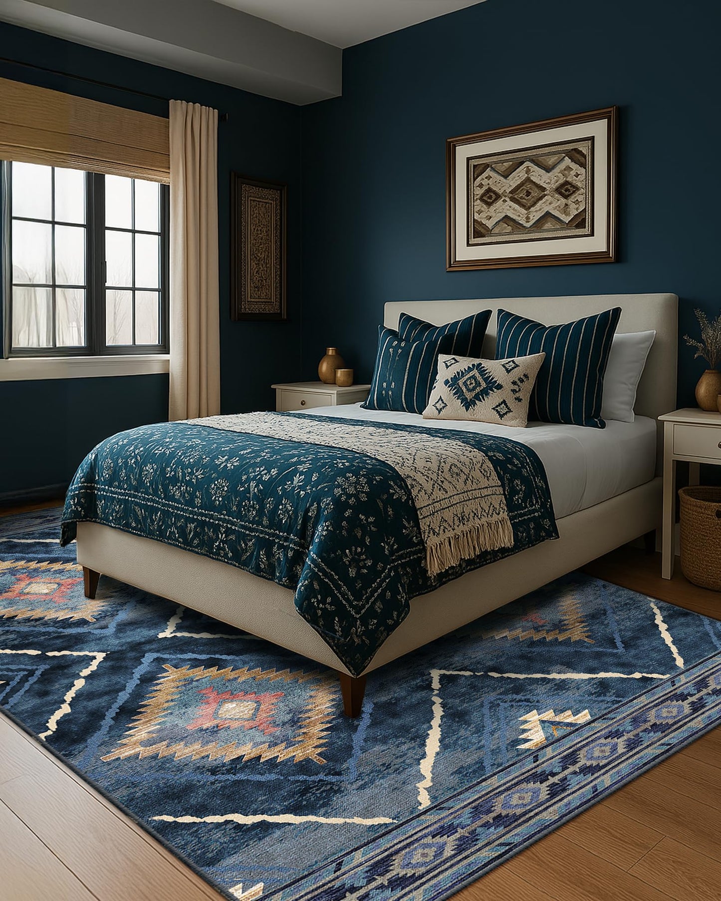 BESTSWEETIE Area Rug 8x10 Rug Machine Washable Non-Slip Low Pile Print Pattern Western Rug for Living Room Bedroom Entryway Tribal Series -Darkblue