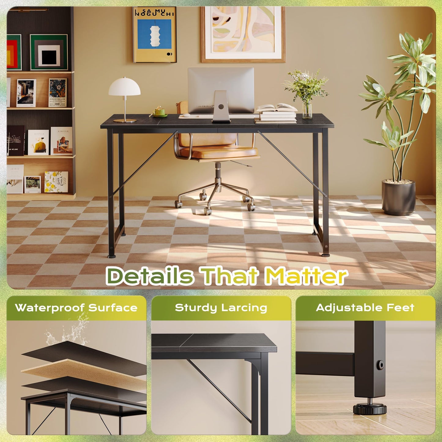 PRAISUN 47 Inch Computer Desk, Home Office Desk with Spacious Desktop, Modern Gaming Desk, Writing Study Table for Bedroom, Small Spaces, Work from Home Desk with Metal Frame, Black