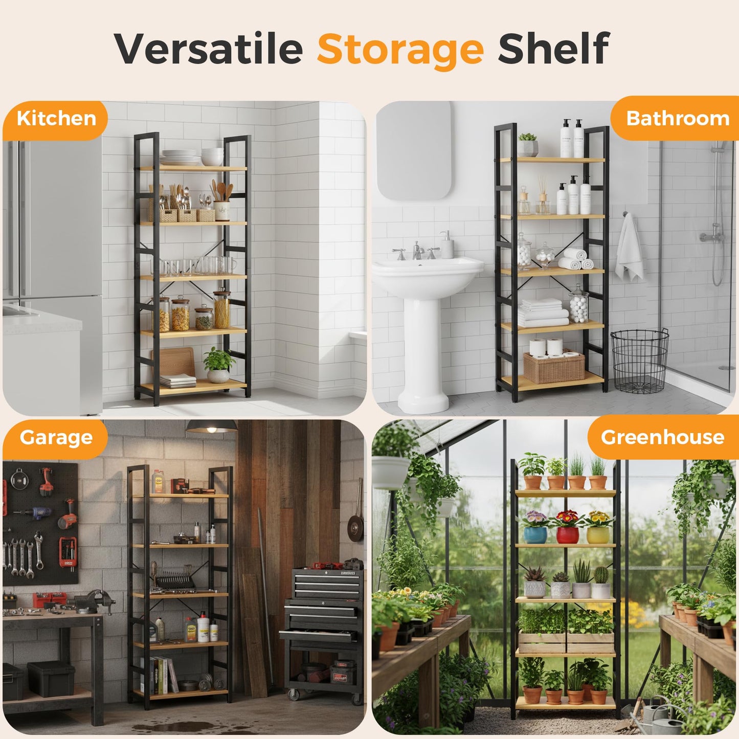 DUMOS 5-Tier Bookshelf, Modern Tall Bookcase, Open Storage Display Shelf for Living Room, Bedroom, Home Office, Narrow Standing Shelving Unit for Books, CDs, Décor，Wood