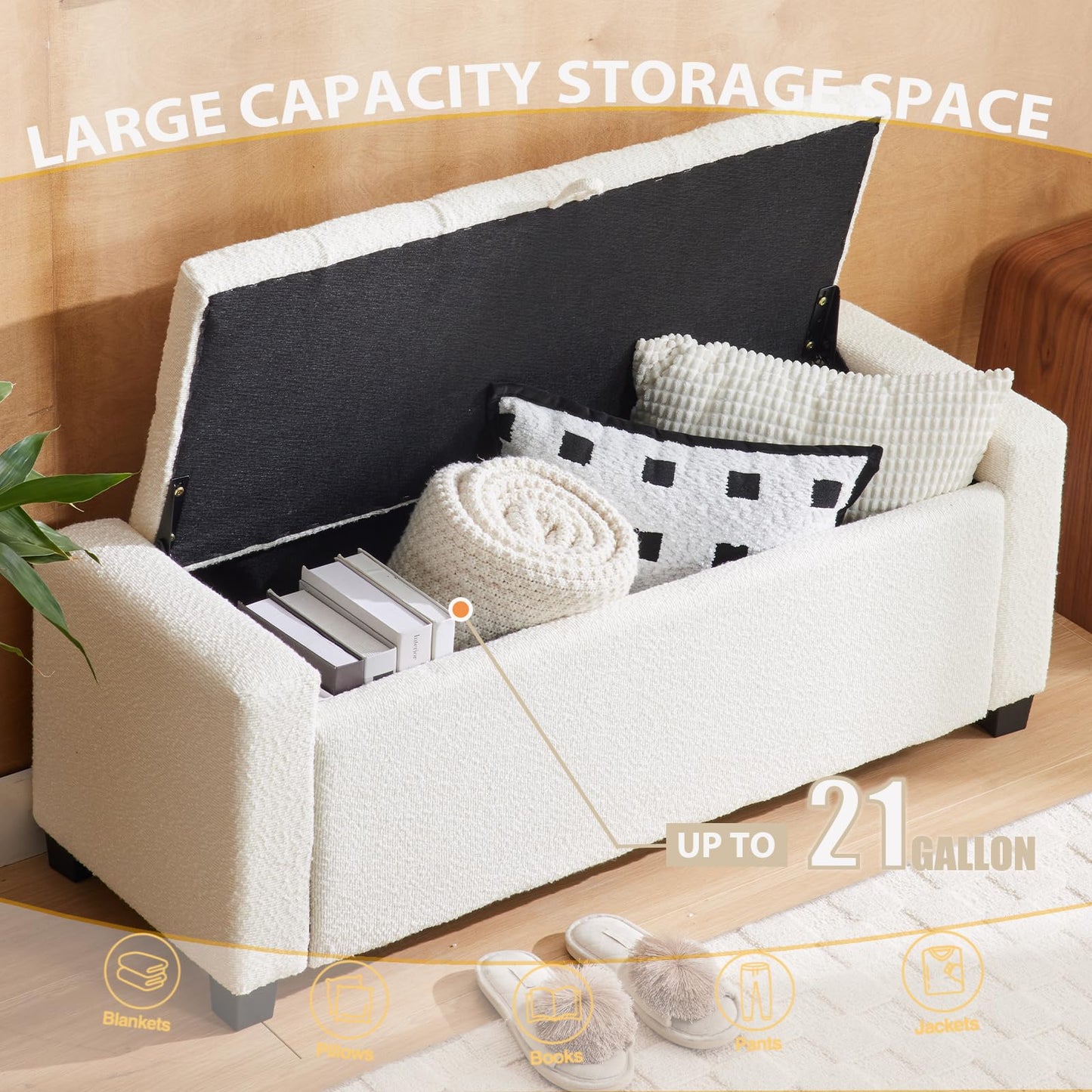 2BYF 43 Inch Storage Ottoman Bench, Bench for Bedroom End of Bed, Ottoman with Storage for Living Room and Entryway (Boucle Cream)
