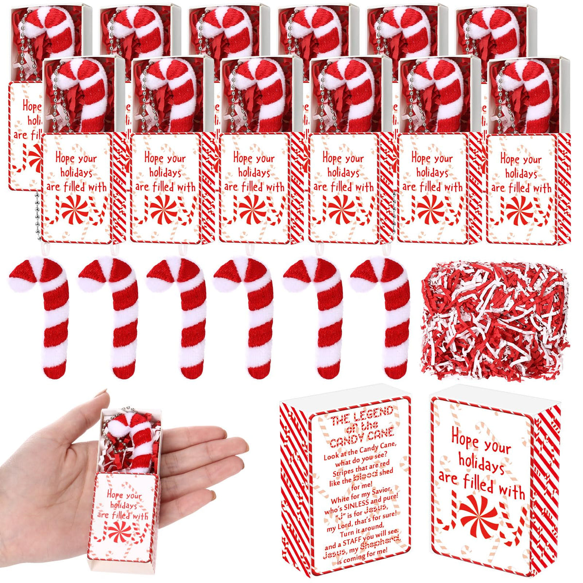 Soulchen 30 Set Christmas Candy Cane Story Gift Mini Plush Keychain with Legend of The Candy Cane Gift Box Xmas Stocking Stuffer Jesus Christian Party Favor for Church Teacher Coworker